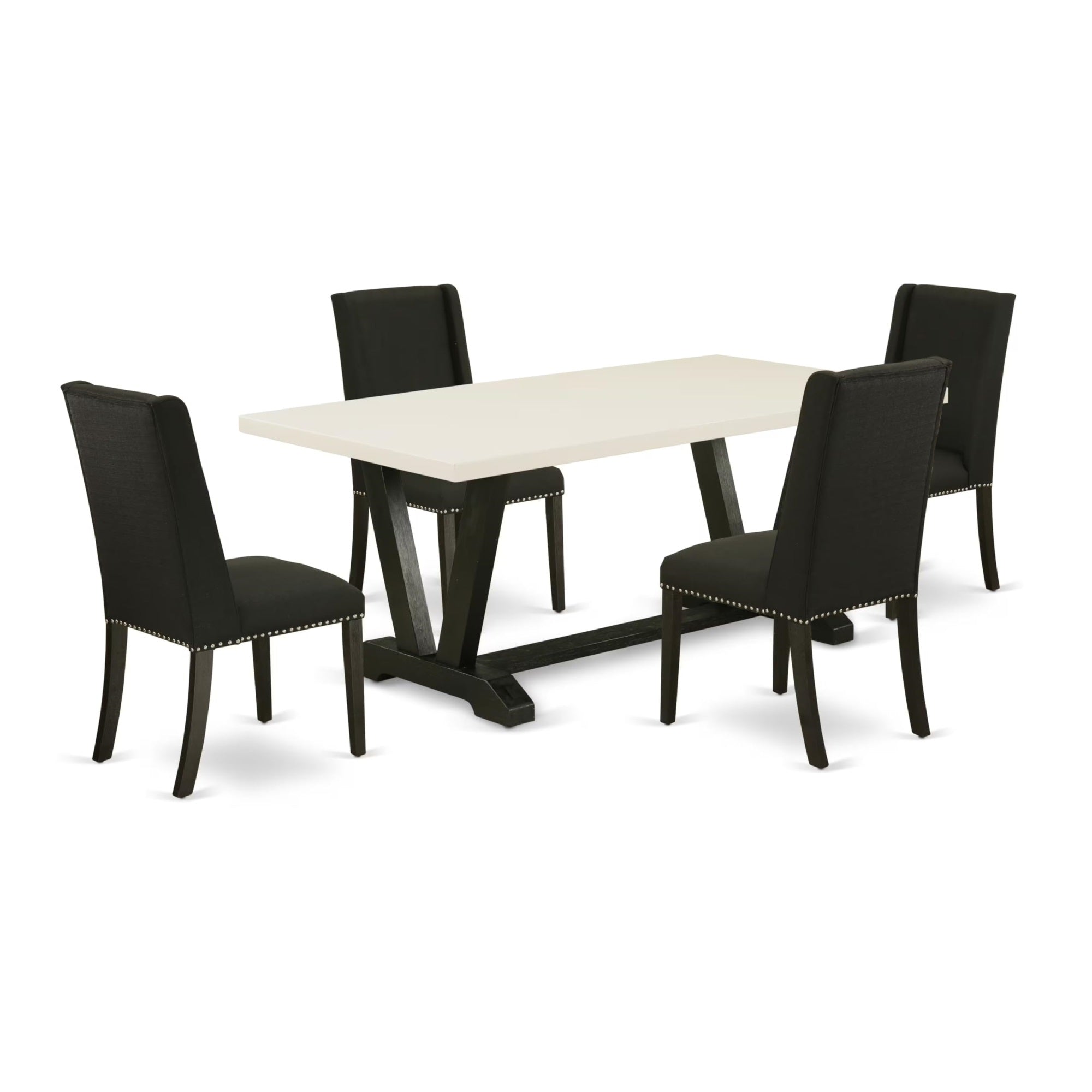 Casafoyer V-Style 5 Piece Kitchen Set Includes A Rectangle Dining Room Table With V-Legs And 4 Black Linen Fabric Upholstered Chairs, 40X72 Inch, V627Fl624-5