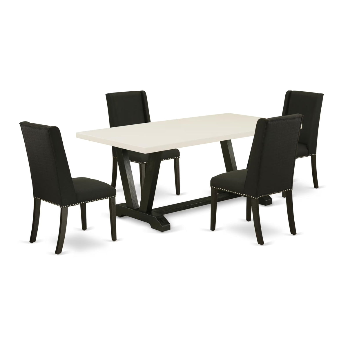 Casafoyer V-Style 5 Piece Kitchen Set Includes A Rectangle Dining Room Table With V-Legs And 4 Black Linen Fabric Upholstered Chairs, 40X72 Inch, V627Fl624-5