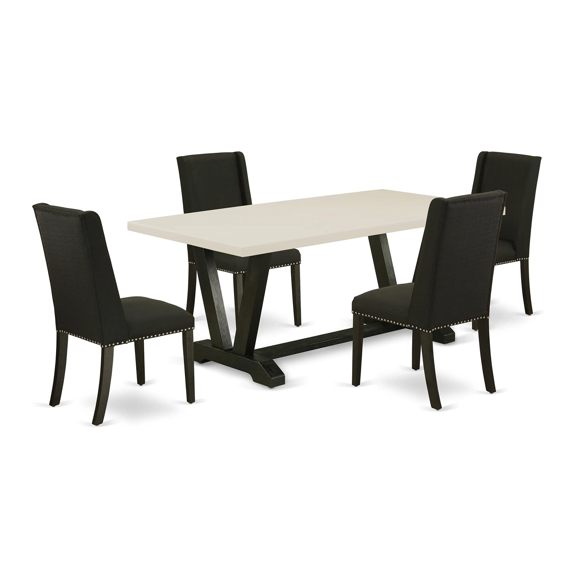 Ergode V627Fl624-5, 5Pc Dining Table Set, Off-White Top, Black Frame, 4 Black Linen Chairs, Rubber Wood, 300 Lbs Capacity, Easy Assembly, Ideal For Living Room & Kitchen, 40X72 Inch