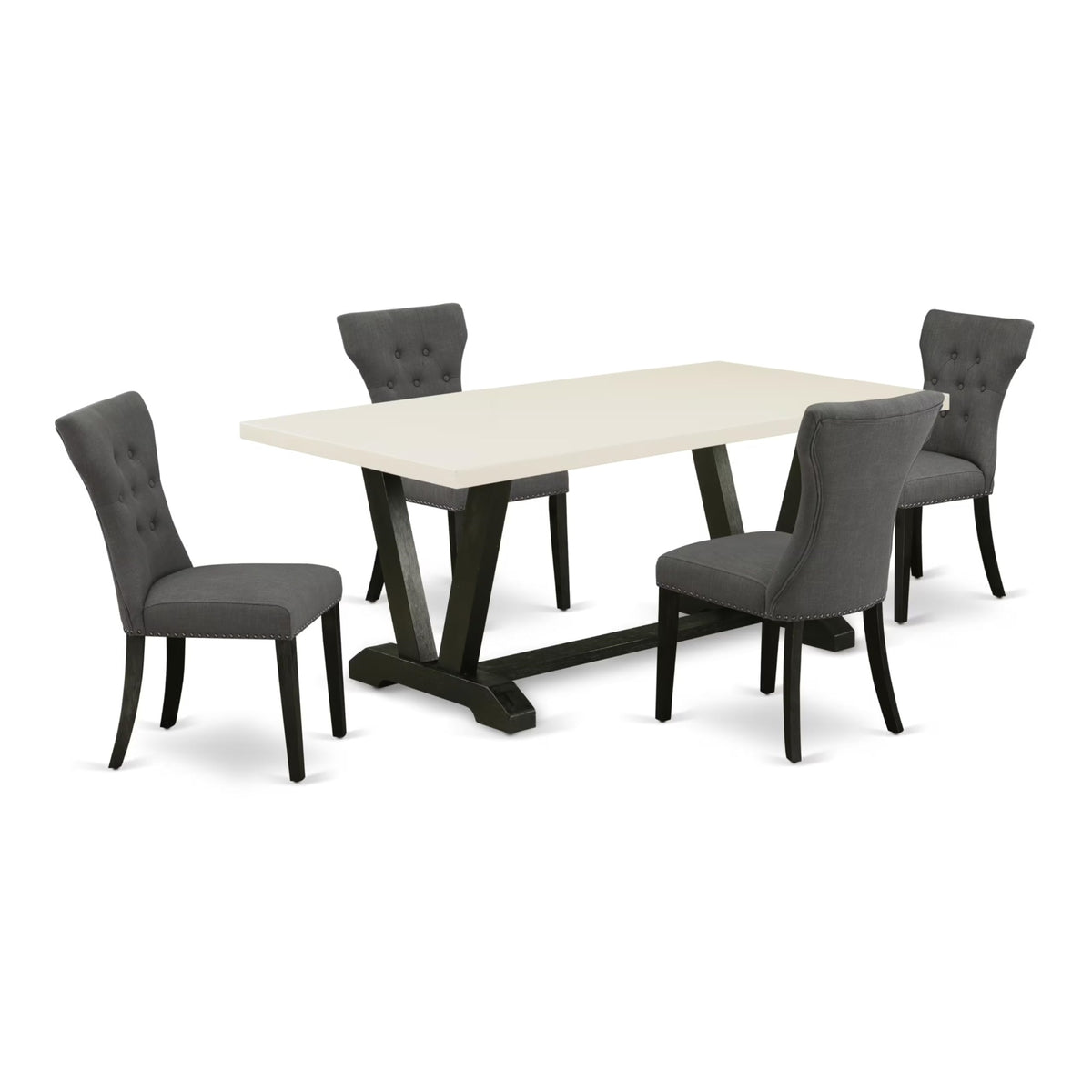 Casafoyer V-Style 5 Piece Room Set Includes A Rectangle Kitchen Table With V-Legs And 4 Dark Gotham Linen Fabric Parson Dining Chairs, 40X72 Inch, V627Ga650-5