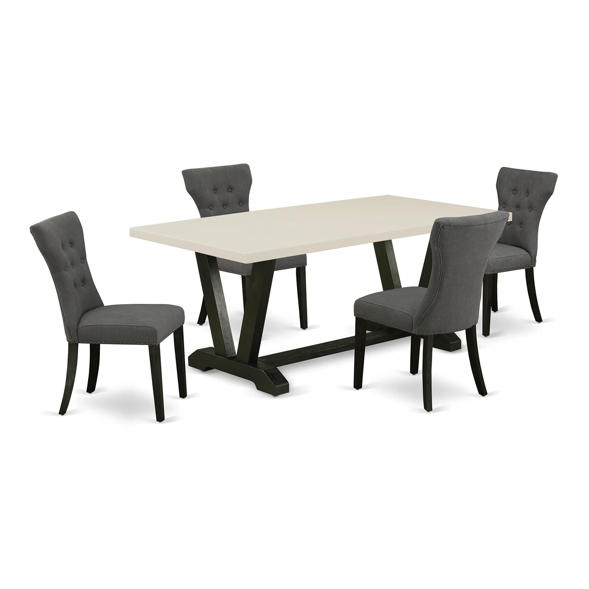 Ergode V627Ga650-5, 5-Piece Rectangular Dining Table Set, Linen White Top, Black Frame, Gotham Gray Upholstered Chairs, Rubber Wood, 300 Lbs Capacity, Easy Assembly, Ideal For Home Parties