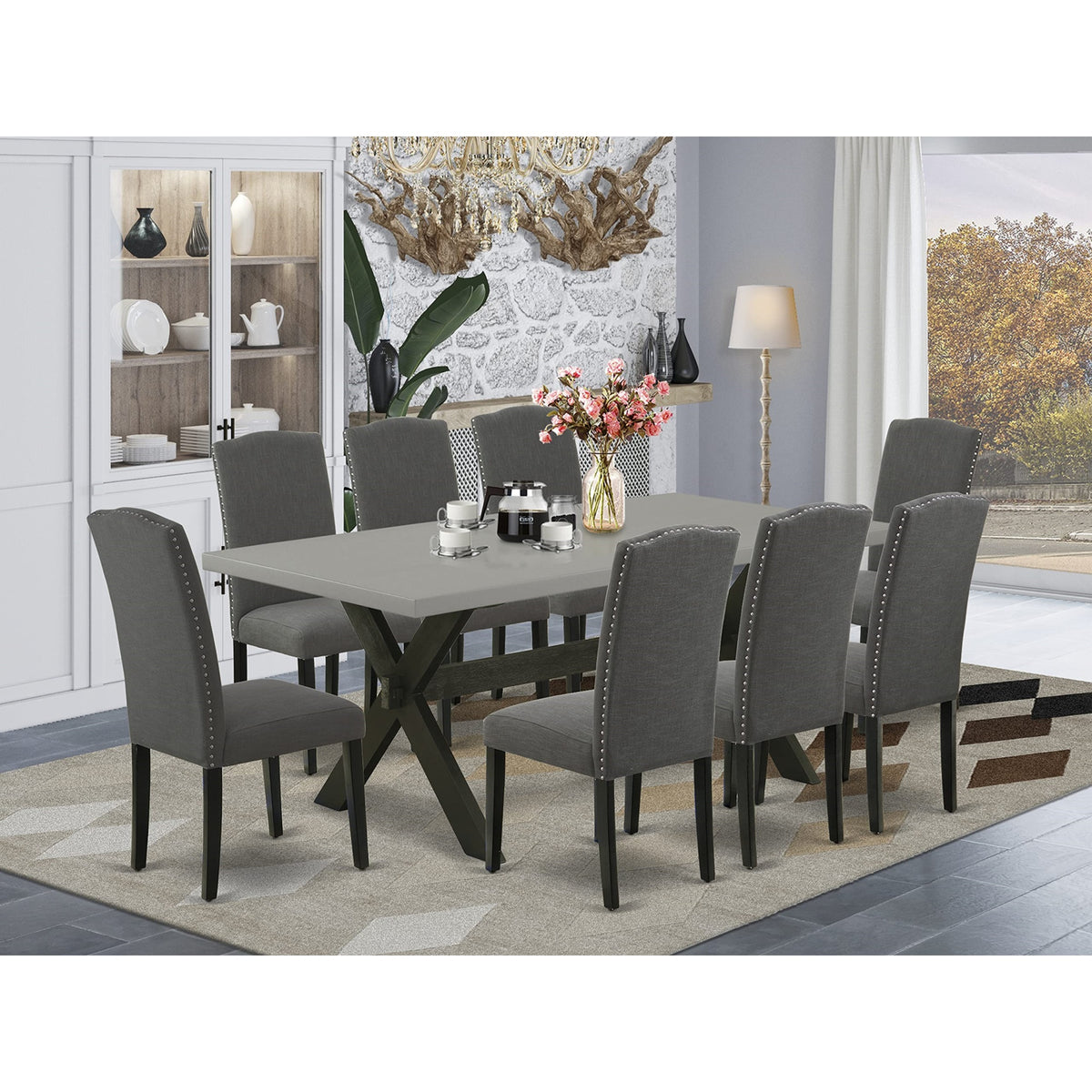 Casafoyer X697En120-9 9-Pc Dinette Set - A Great Rectangle Table - 8 Beautiful Upholstered Dining Chairs Nail Heads And High Stylish Back (Cement & Wire Brushed Black Finish)