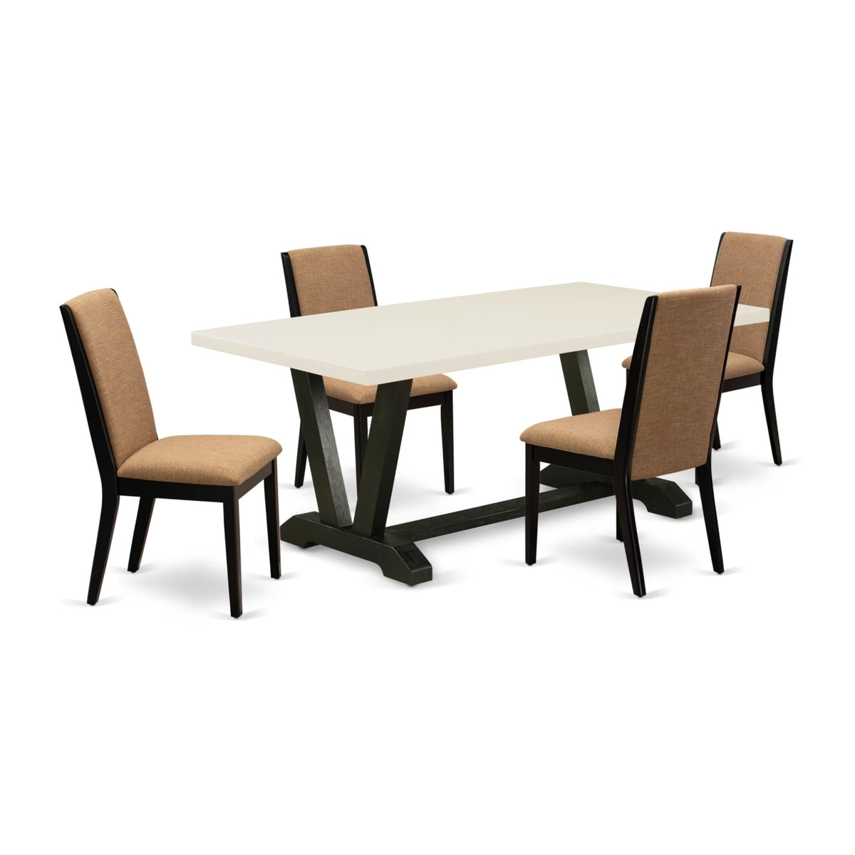 Casafoyer V627La147-5 5 Piece Dining Table Set Includes A Rectangle Dining Room Table With V-Legs And 4 Light Sable Linen Fabric Parsons Chairs, 40X72 Inch, Multi-Color