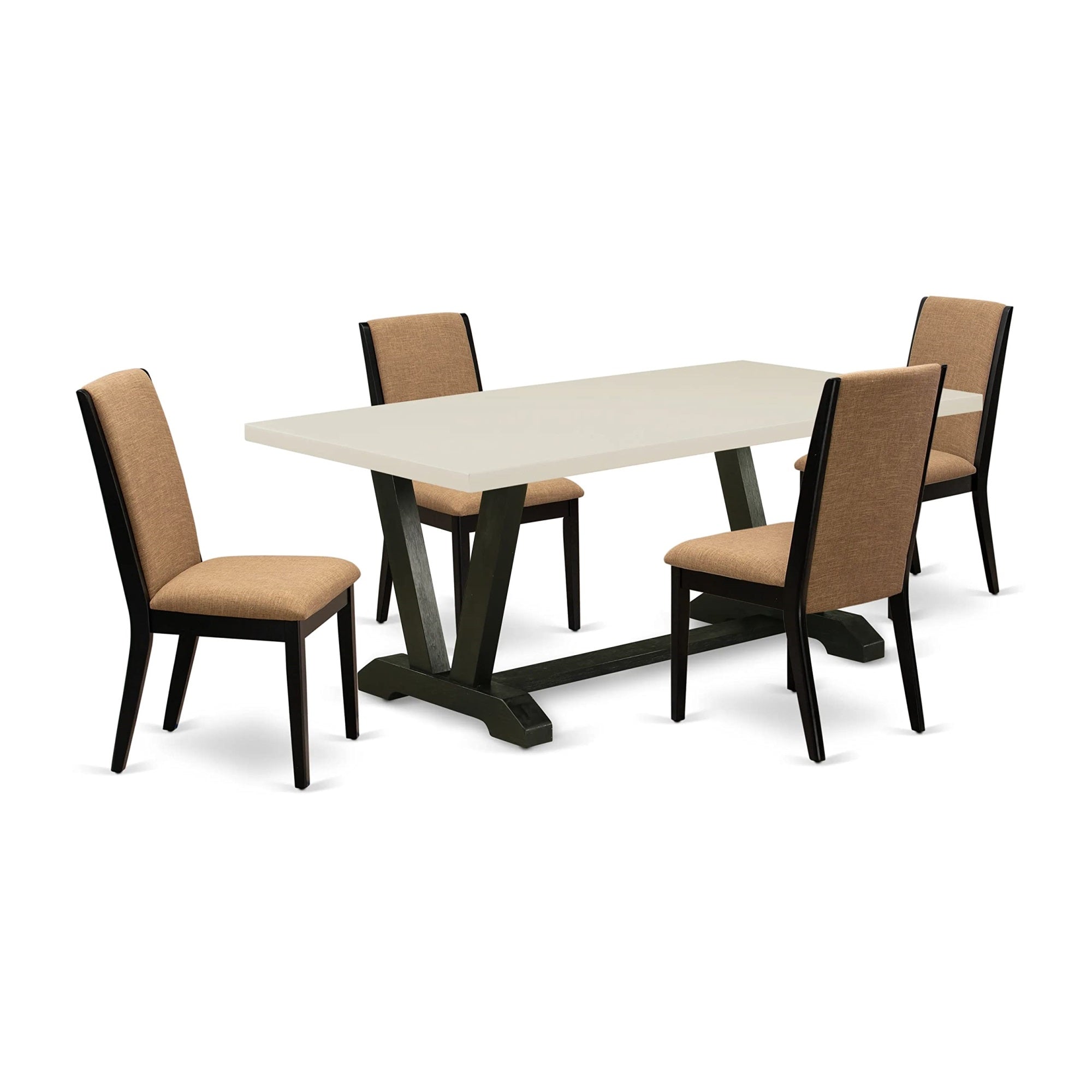 Ergode V627La147-5, 5Pc Dining Room Set, Rectangle Table, V-Legs, 4 Light Sable Linen Chairs, 40X72 Inch
