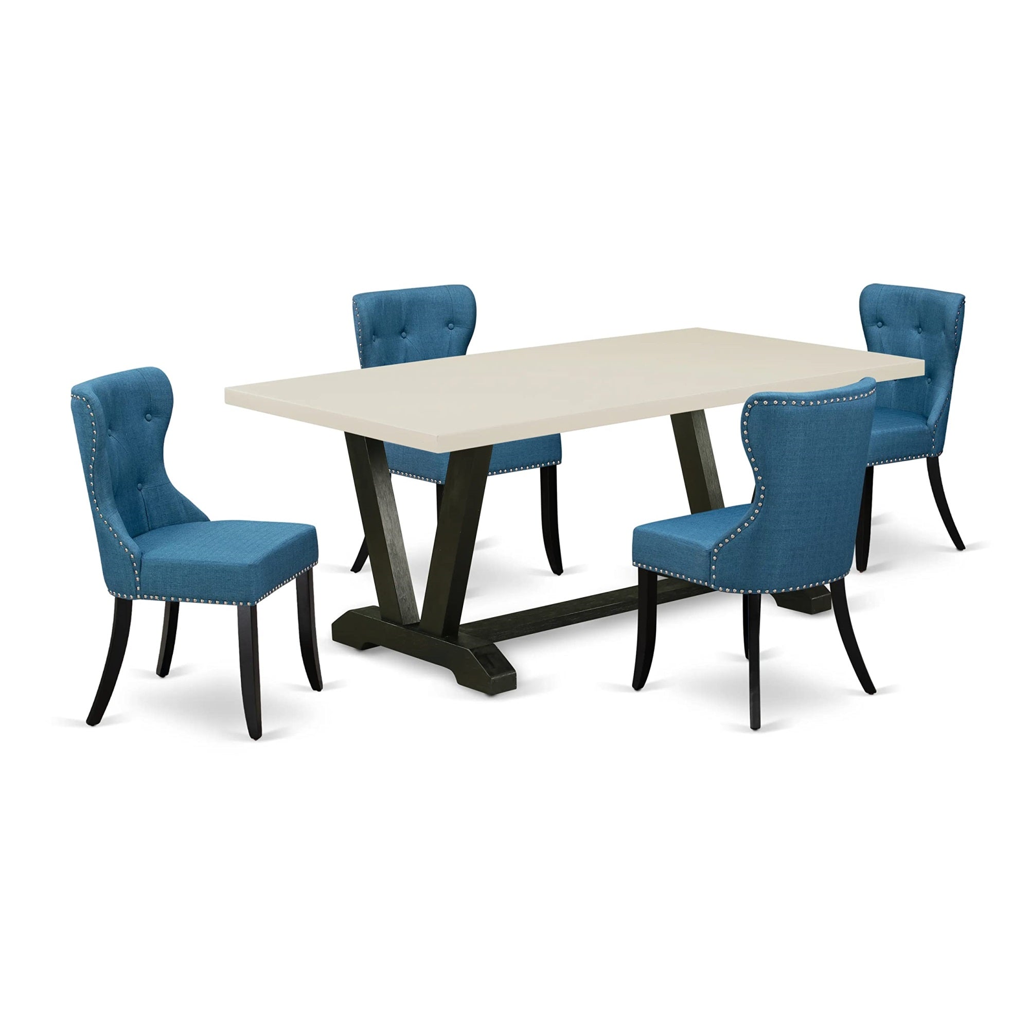 Ergode V627Si121-5, 5-Piece Dining Table Set, 4 Padded Parson Chairs, Wooden Top & Legs, Easy To Clean, Asian Hardwood Frame, Blue Linen Fabric Seat, Quick Assembly, 72X40 Inch Table, 21.5X19.5X35.5 Inch Chairs