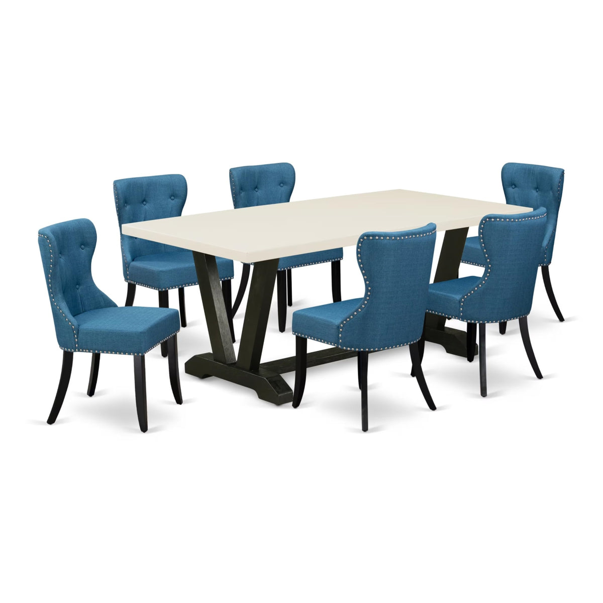 Casafoyer V-Style 7 Piece Set Consist Of A Rectangle Dining Room Table With V-Legs And 6 Blue Linen Fabric Parsons Chairs, 40X72 Inch, Multi-Color