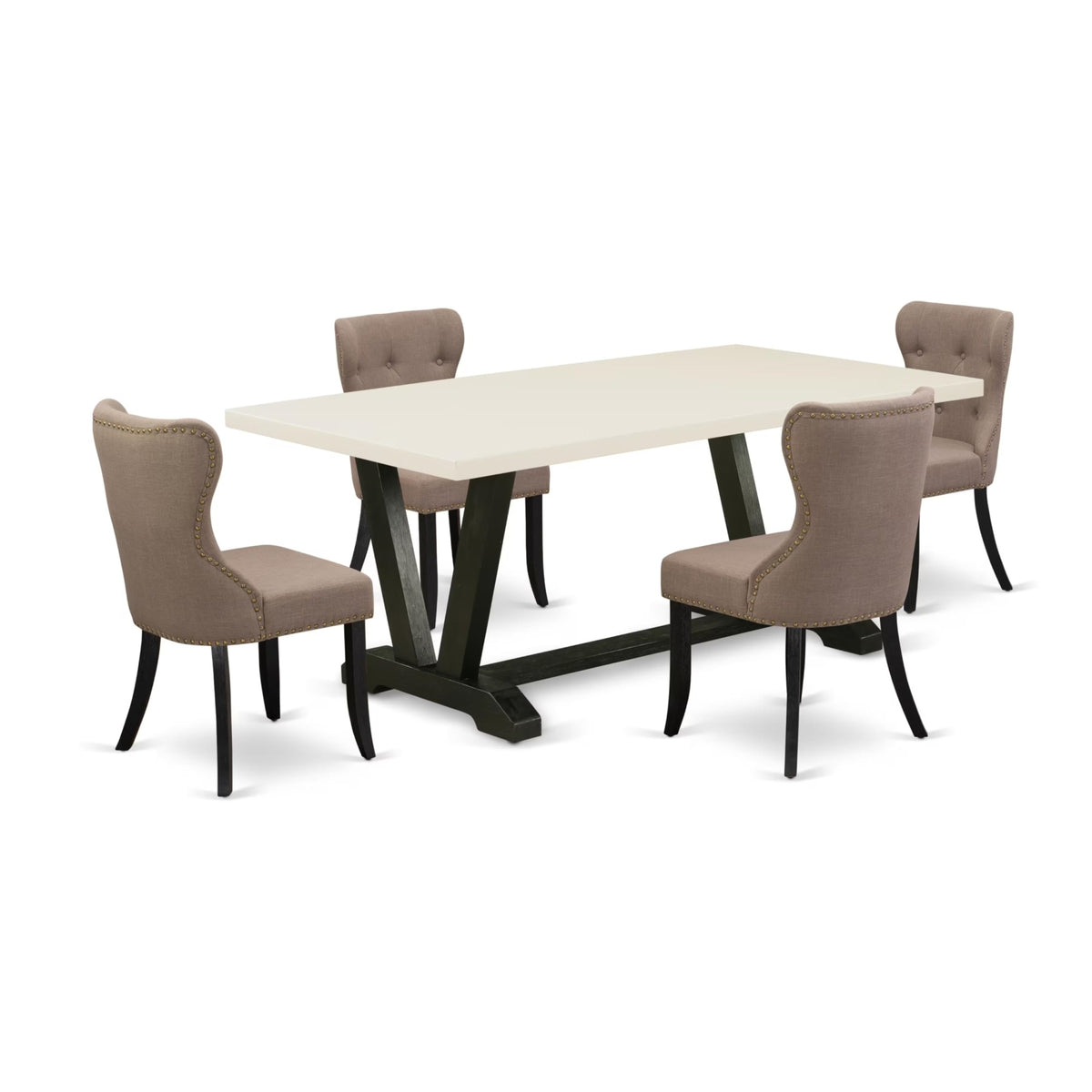 Casafoyer V-Style 5 Piece Room Furniture Set Includes A Rectangle Dining Table With V-Legs And 4 Coffee Linen Fabric Upholstered Chairs, 40X72 Inch, Multi-Color
