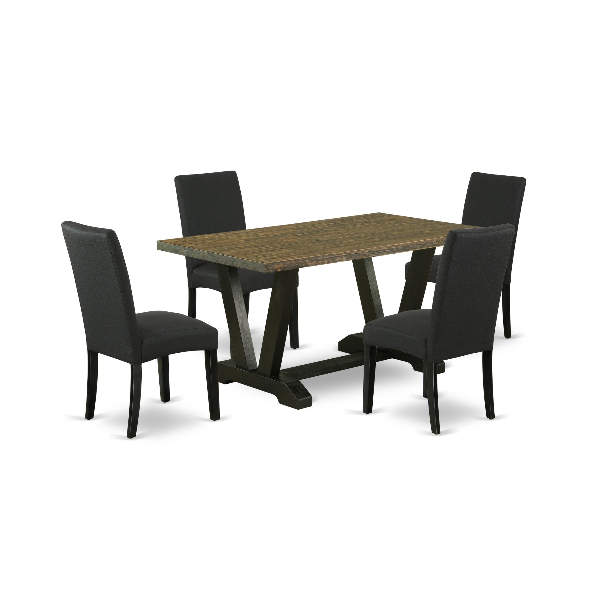 East West Furniture V676Dr124-5 5-Piece Dinette Room Set- 4 Parson Chairs With Black Linen Fabric Seat And Stylish Chair Back - Rectangular Table Top & Wooden Legs - Distressed Jacobean And Black Finish