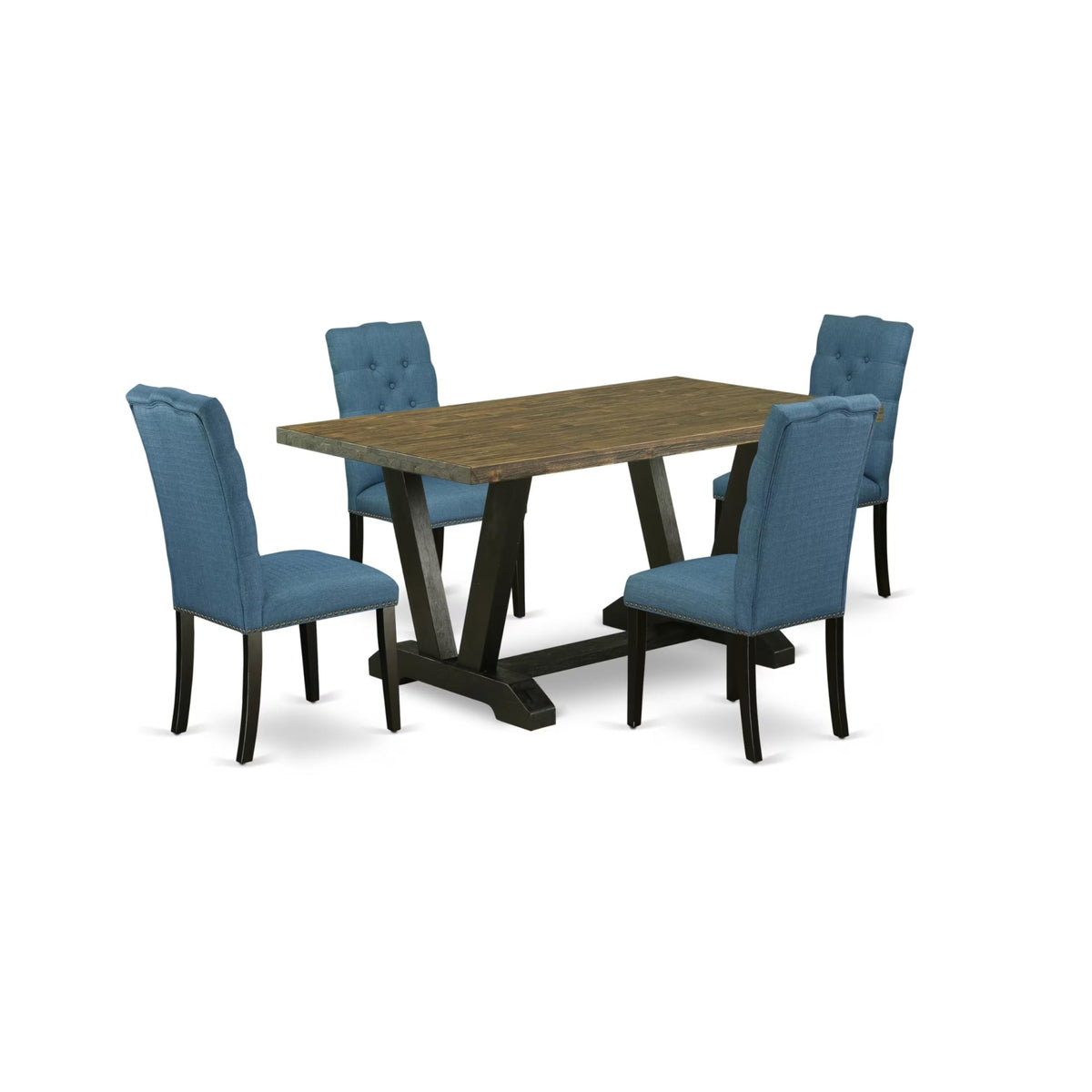 Casafoyer V676El121-5 5 Piece Dining Set Includes A Rectangle Dining Room Table With V-Legs And 4 Blue Linen Fabric Upholstered Parson Chairs, 36X60 Inch, Multi-Color
