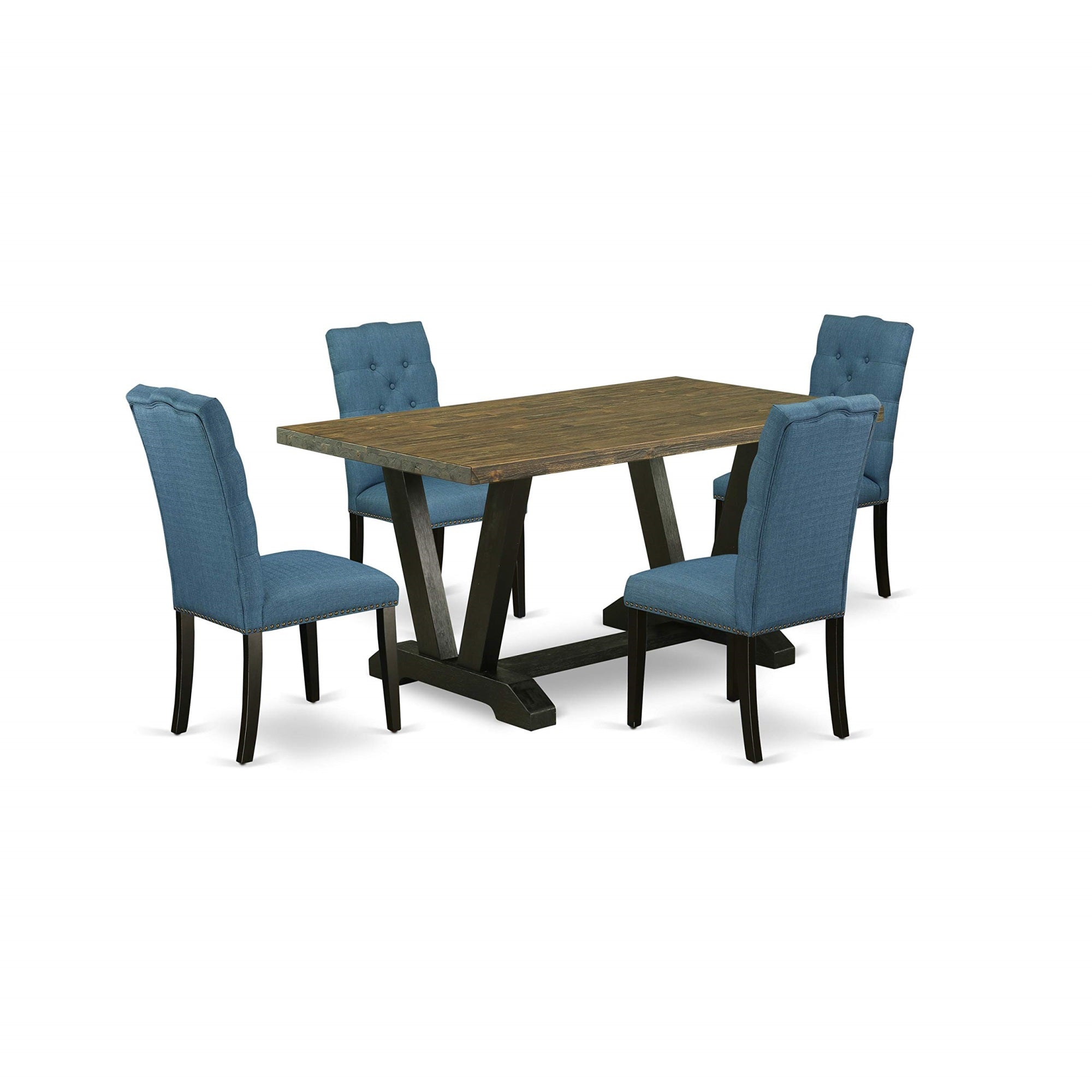 Ergode V676El121-5, 5-Piece Dining Table Set, Rectangular Table, 4 Parson Chairs, Black Finish, Blue Linen Upholstery, Asian Wood, Easy Assembly, 60X36X30 Inch