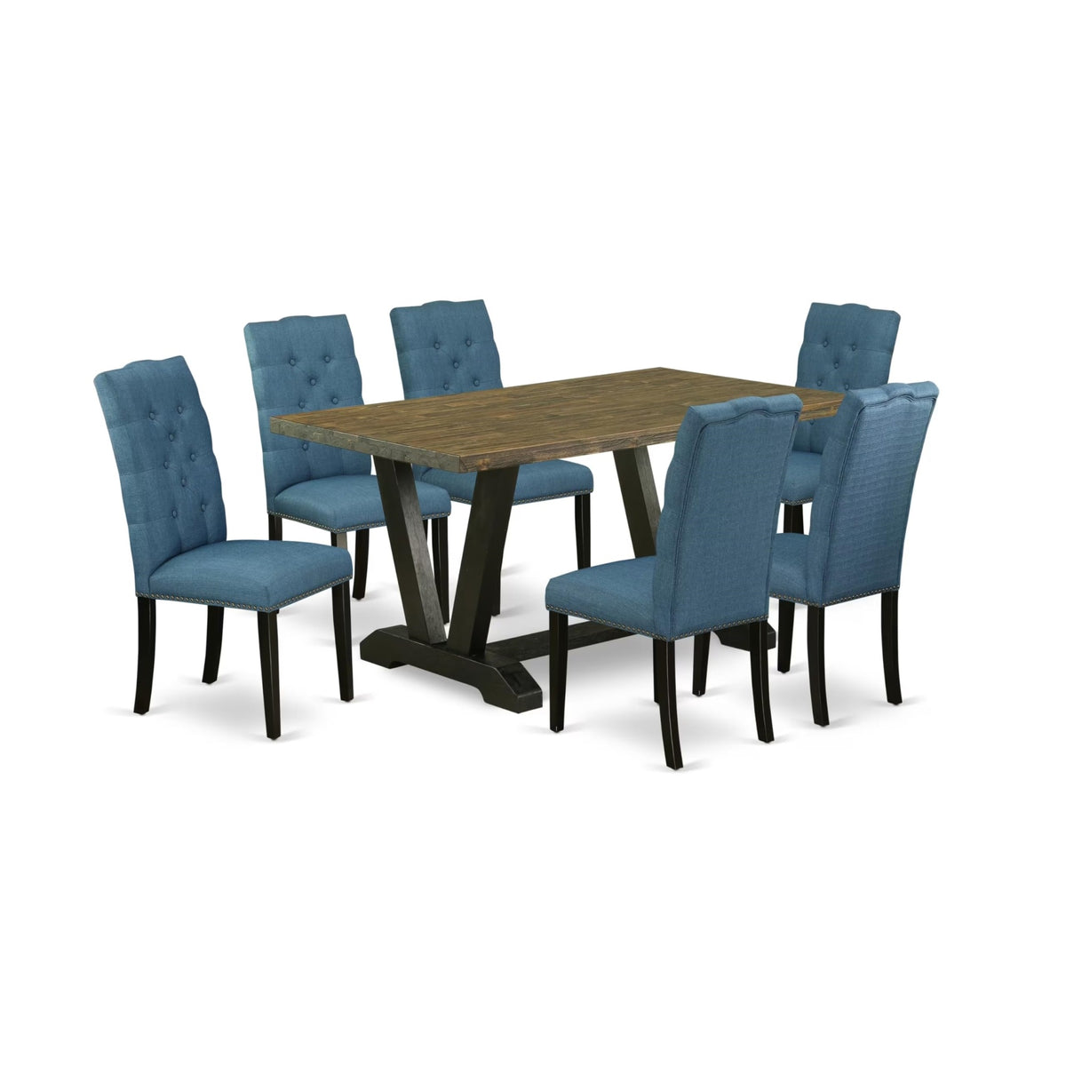 Casafoyer V-Style 7 Piece Room Furniture Set Consist Of A Rectangle Dining Table With V-Legs And 6 Blue Linen Fabric Parsons Chairs, 36X60 Inch, Multi-Color