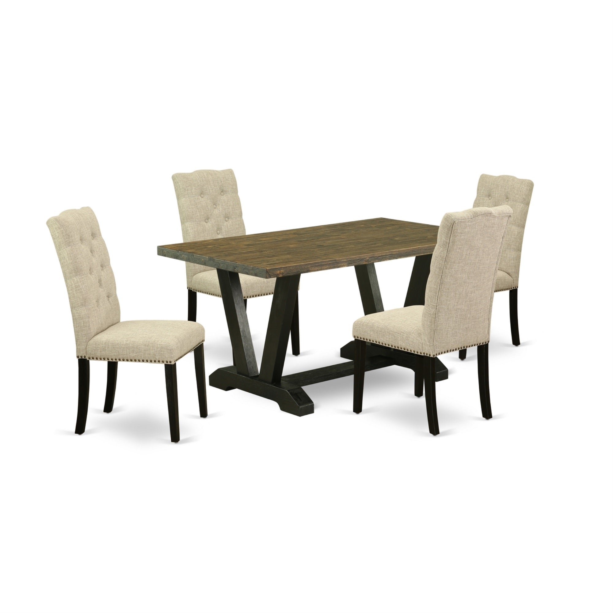 East West Furniture 5-Piece Kitchen Dinette Set Included 4 Dining Room Chairs Upholstered Seat And High Button Tufted Chair Back And Rectangular Mid Century Dining Table With Distressed Jacobean Dinette Table Top - Black Finish