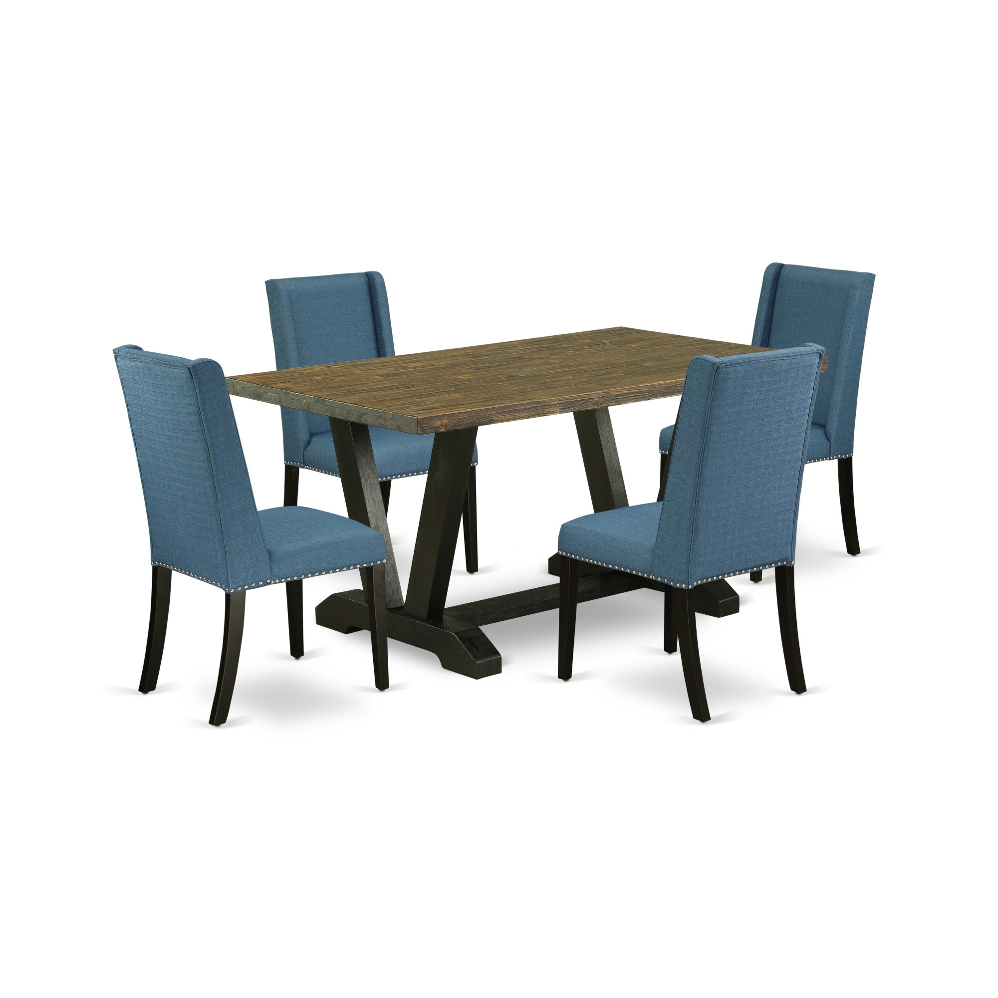 East West Furniture V676Fl121-5 5-Piece Amazing Dining Set A Great Distressed Jacobean Dining Table Top And 4 Gorgeous Linen Fabric Dining Chairs With Nail Heads And Stylish Chair Back, Wire Brushed Black Finish