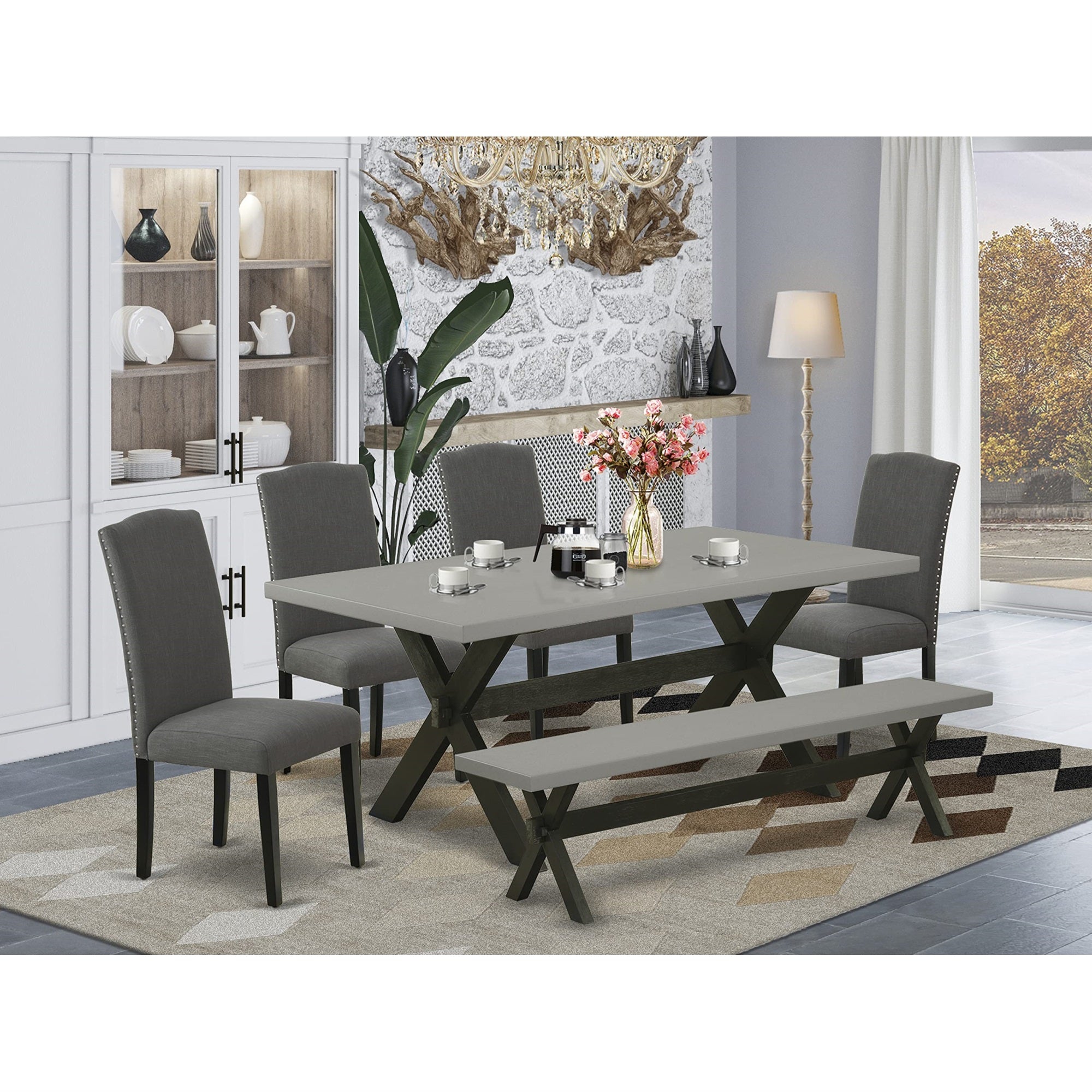 Casafoyer X697En120-6 6-Piece Dining Table Set - A Superb Dining Table And A Gorgeous Bench - 4 Lovely Parson Chairs Nail Heads And High Back (Cement & Wire Brushed Black Finish)