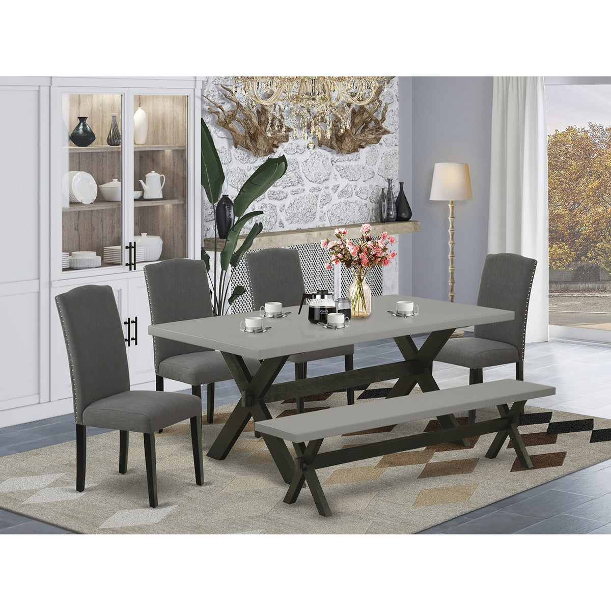 Casafoyer X697En120-6 6-Piece Dining Table Set - A Superb Dining Table And A Gorgeous Bench - 4 Lovely Parson Chairs Nail Heads And High Back (Cement & Wire Brushed Black Finish)
