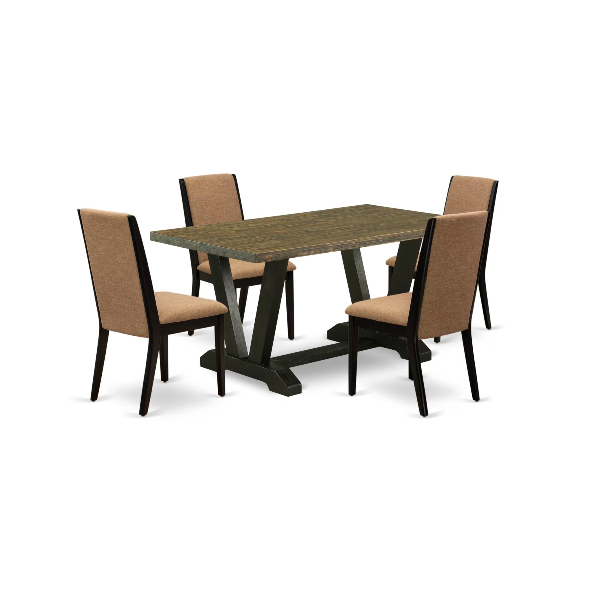 Casafoyer V-Style 5 Piece Set Includes A Rectangle Dining Room Table With V-Legs And 4 Light Sable Linen Fabric Upholstered Parson Chairs, 36X60 Inch, Multi-Color