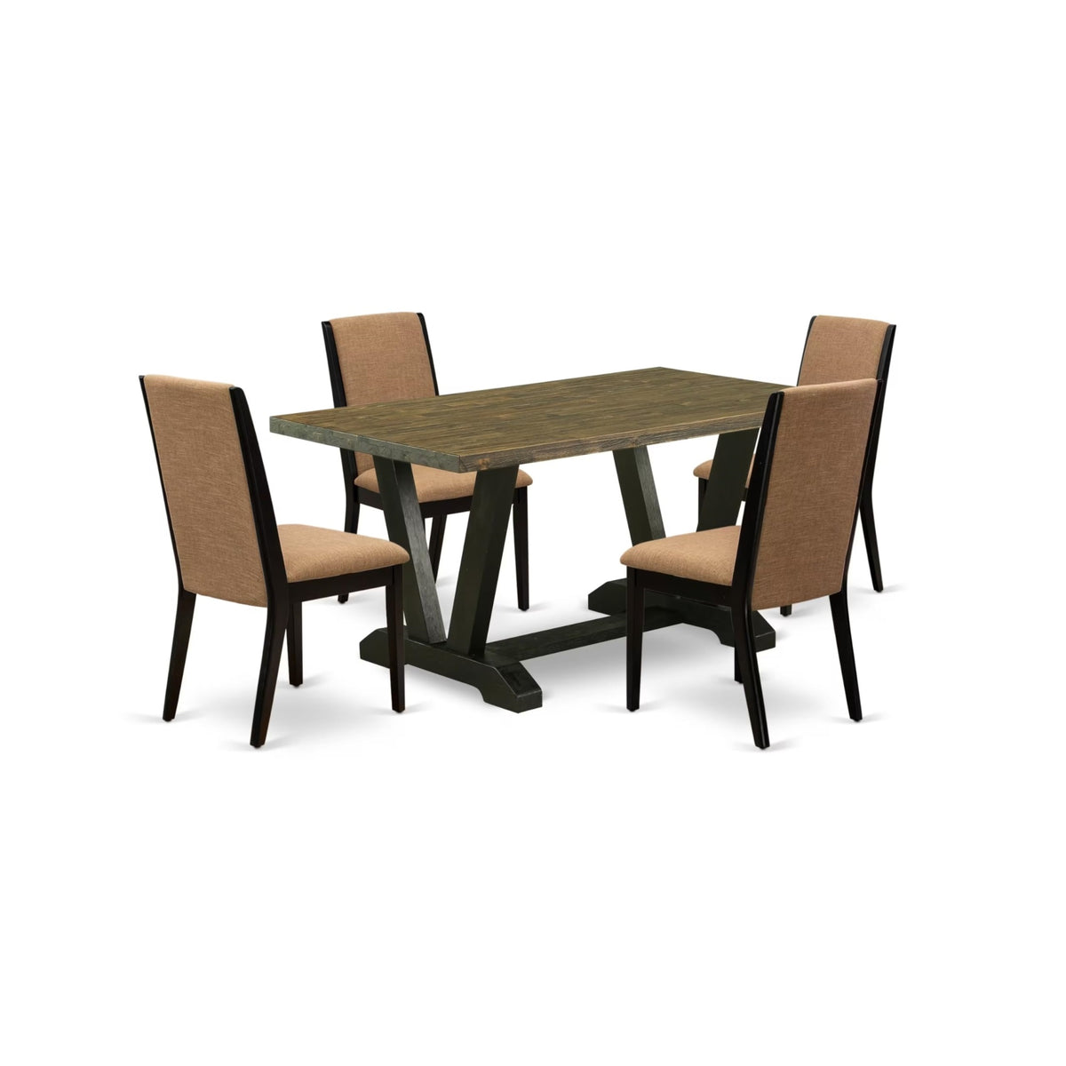 Casafoyer V-Style 5 Piece Set Includes A Rectangle Dining Room Table With V-Legs And 4 Light Sable Linen Fabric Upholstered Parson Chairs, 36X60 Inch, Multi-Color