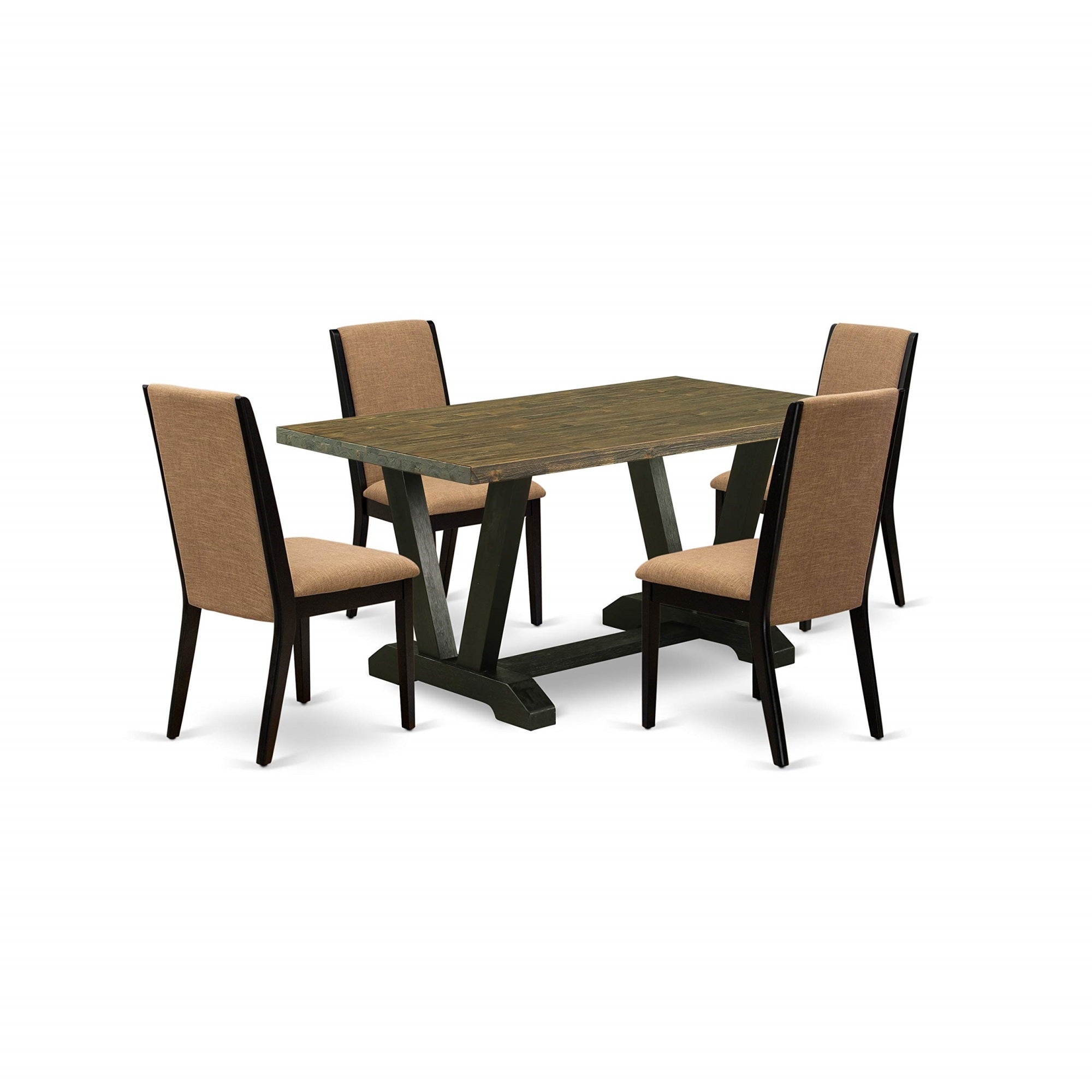 Ergode V676La147-5, 5-Pc Rectangular Dining Room Table Set, Black Finish, Light Sable Linen Fabric, Asian Wood, 300 Lbs Capacity