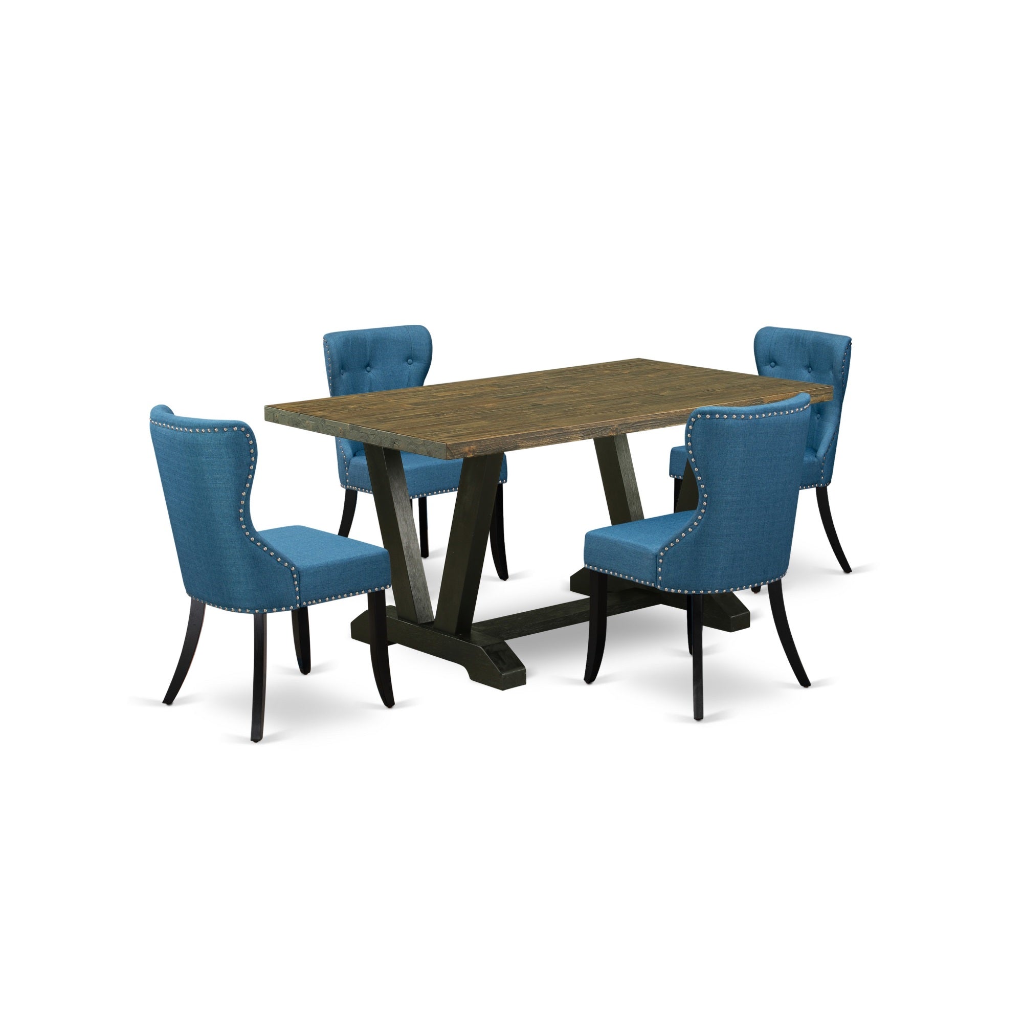 East West Furniture V676Si121-5 5-Pc Dining Room Set- 4 Dining Room Chairs With Blue Linen Fabric Seat And Button Tufted Chair Back - Rectangular Table Top & Wooden Legs - Distressed Jacobean And Black Finish