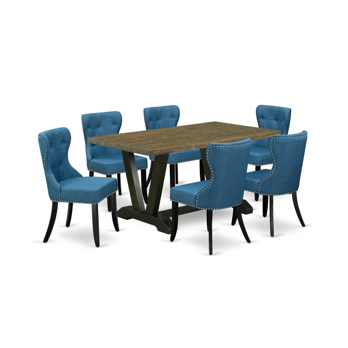 Casafoyer V-Style 7 Piece Modern Dining Set Consist Of A Rectangle Wooden Table With V-Legs And 6 Blue Linen Fabric Upholstered Chairs, 36X60 Inch, Multi-Color