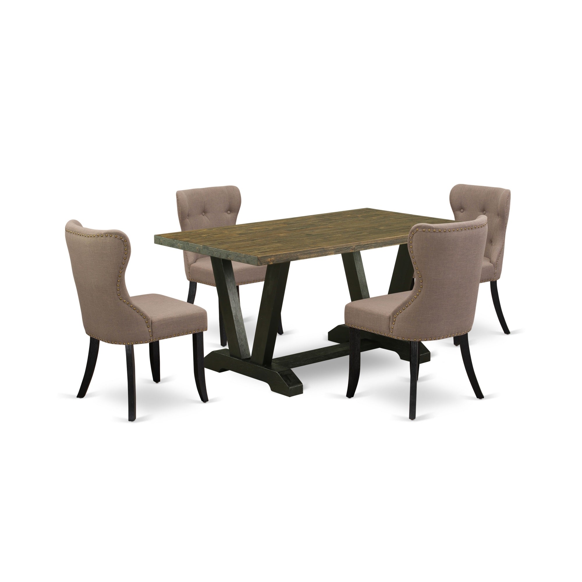 East West Furniture V676Si648-5 5-Pc Dining Table Set- 4 Parson Dining Chairs With Coffee Linen Fabric Seat And Button Tufted Chair Back - Rectangular Table Top & Wooden Legs - Distressed Jacobean And Wire Brushed Black Finish