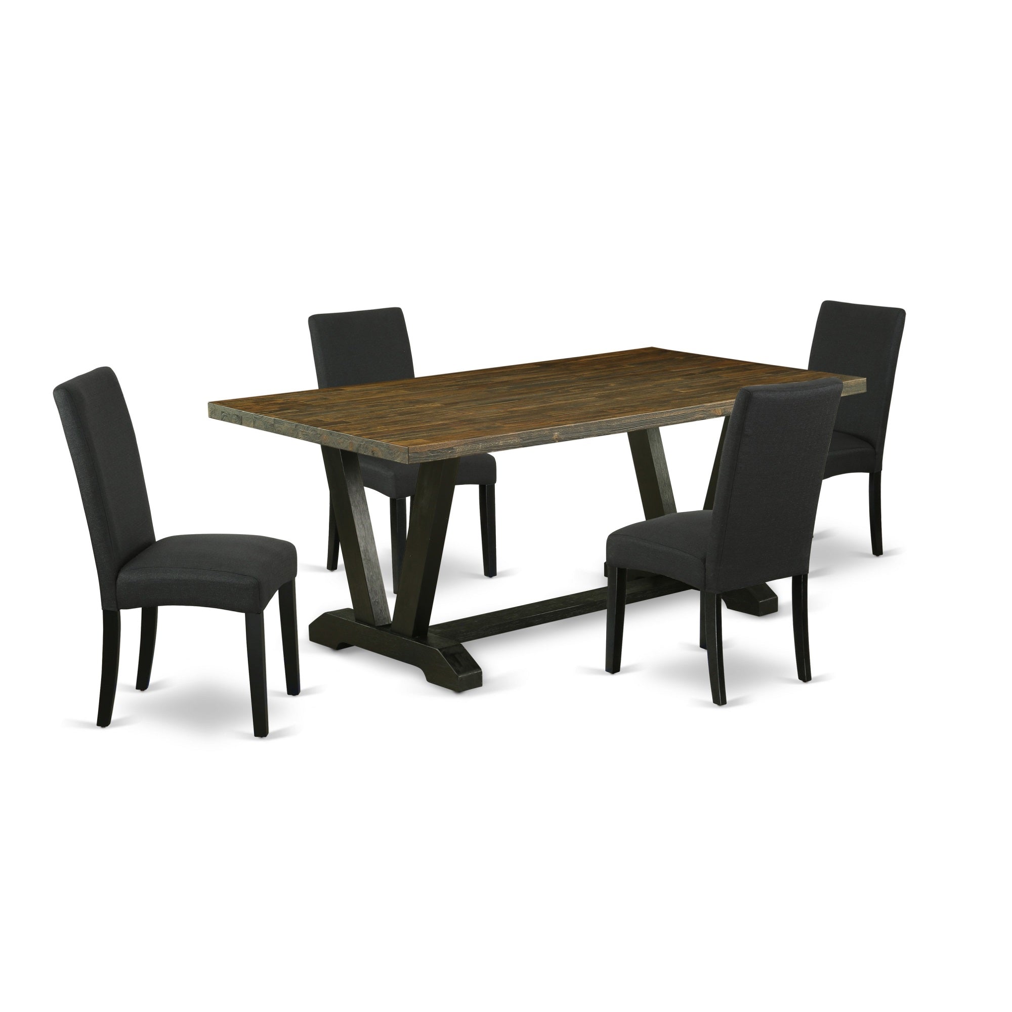 East West Furniture V677Dr124-5 5-Pc Dining Room Table Set- 4 Padded Parson Chairs With Black Linen Fabric Seat And Stylish Chair Back - Rectangular Table Top & Wooden Legs - Distressed Jacobean And Black Finish