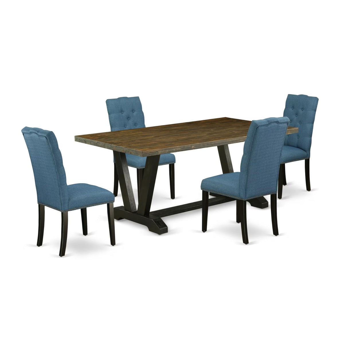 Casafoyer V-Style 5 Piece Modern Set Includes A Rectangle Wooden Table With V-Legs And 4 Blue Linen Fabric Parsons Dining Chairs, 40X72 Inch, Multi-Color