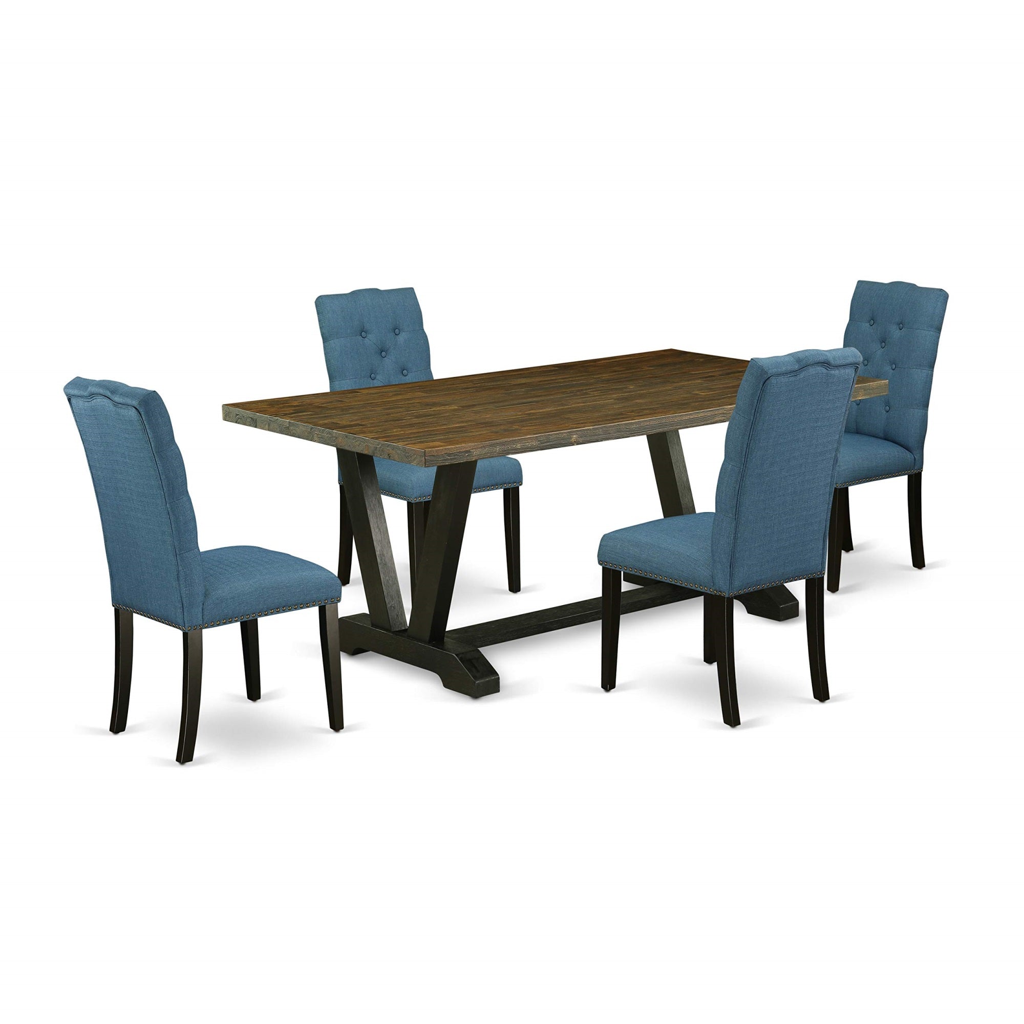Ergode V677El121-5, 5-Pc Kitchen Table Set, Asian Wood, Wire Brushed Black Finish, 4 Blue Linen Fabric Chairs, 300 Lbs Weight Capacity, Easy Assembly, Elegant & Functional