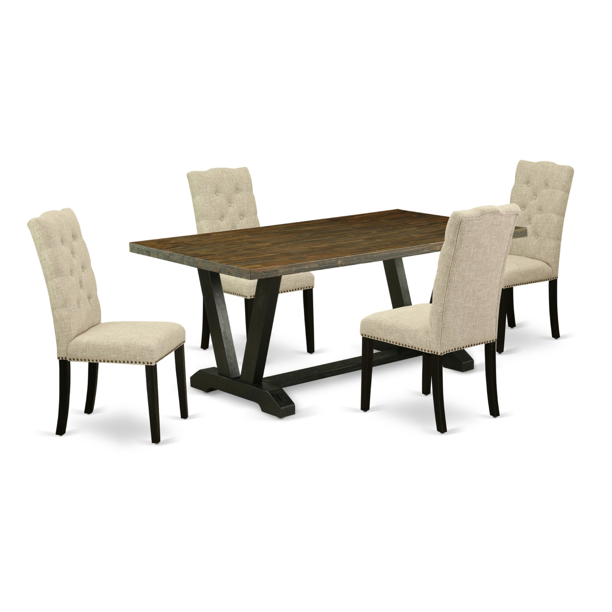 East West Furniture 5-Piece Dining Set Included 4 Kitchen Parson Chair Upholstered Seat And High Button Tufted Chair Back And Rectangular Mid Century Dining Table With Distressed Jacobean Table Top - Black Finish