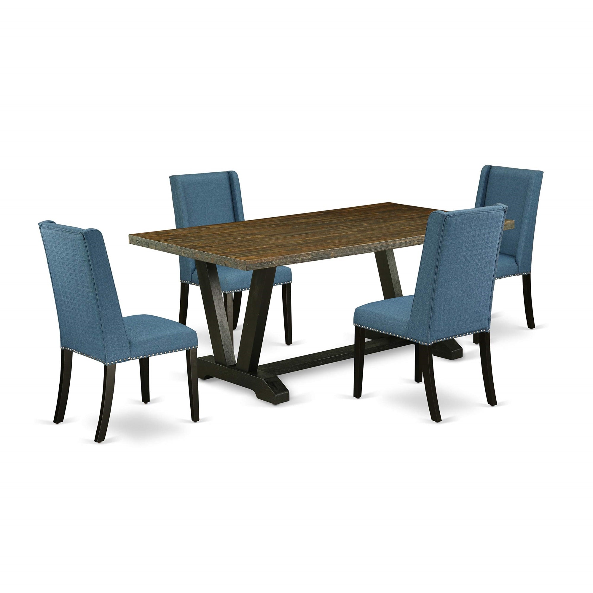 Ergode V677Fl121-5, 5-Pc Kitchen Set, Wire Brushed Black Finish, Mineral Blue Linen Fabric, Asian Wood, 300 Lbs Weight Capacity, Easy Assembly, Perfect For Home Parties, Elegant & Functional
