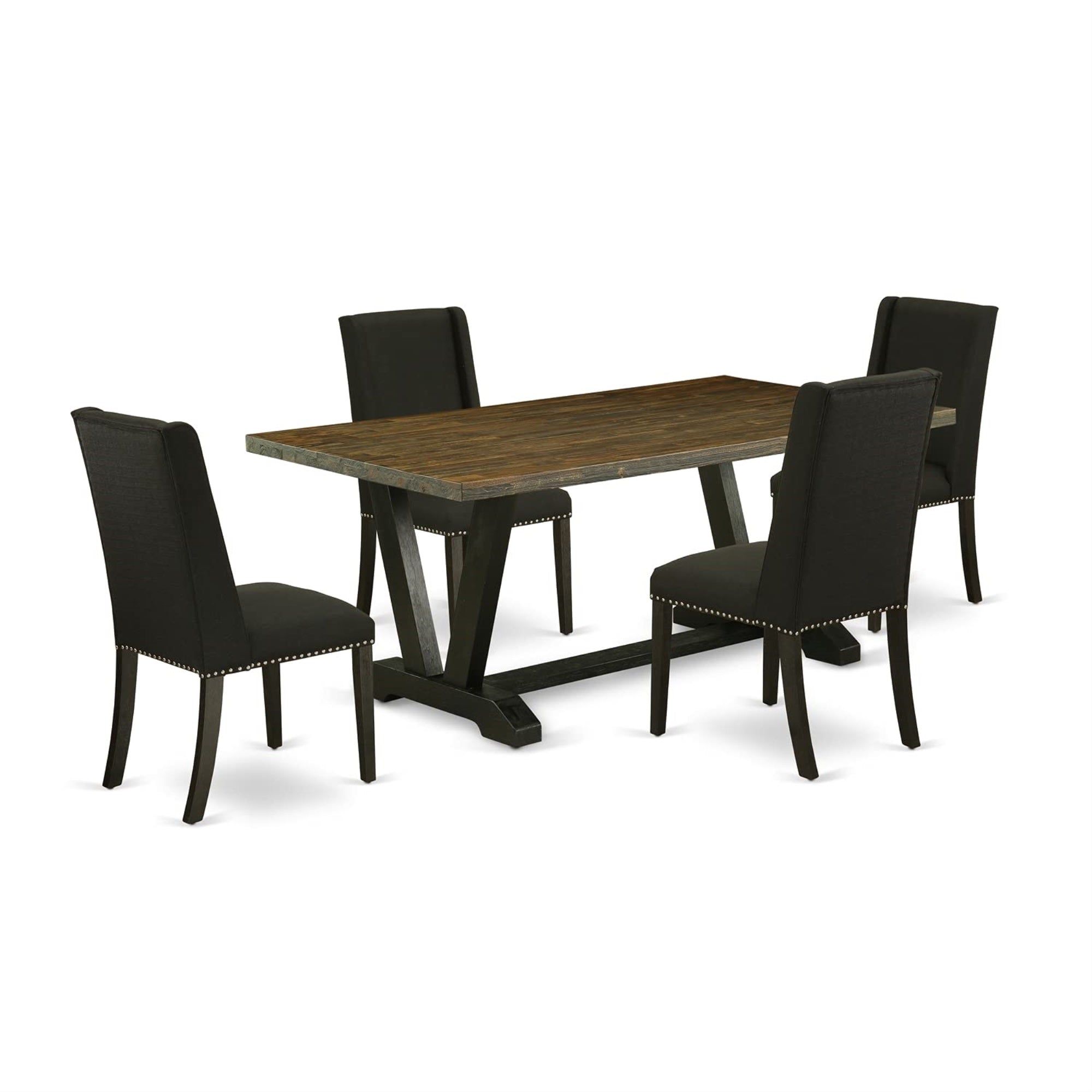 Ergode V677Fl624-5, 5-Piece Dining Table Set, Distressed Jacobean Hardwood Top, Black Frame, Wire Brushed Black Linen Fabric Chairs, 300 Lbs Capacity, Easy-To-Assemble, Ideal For Home Parties