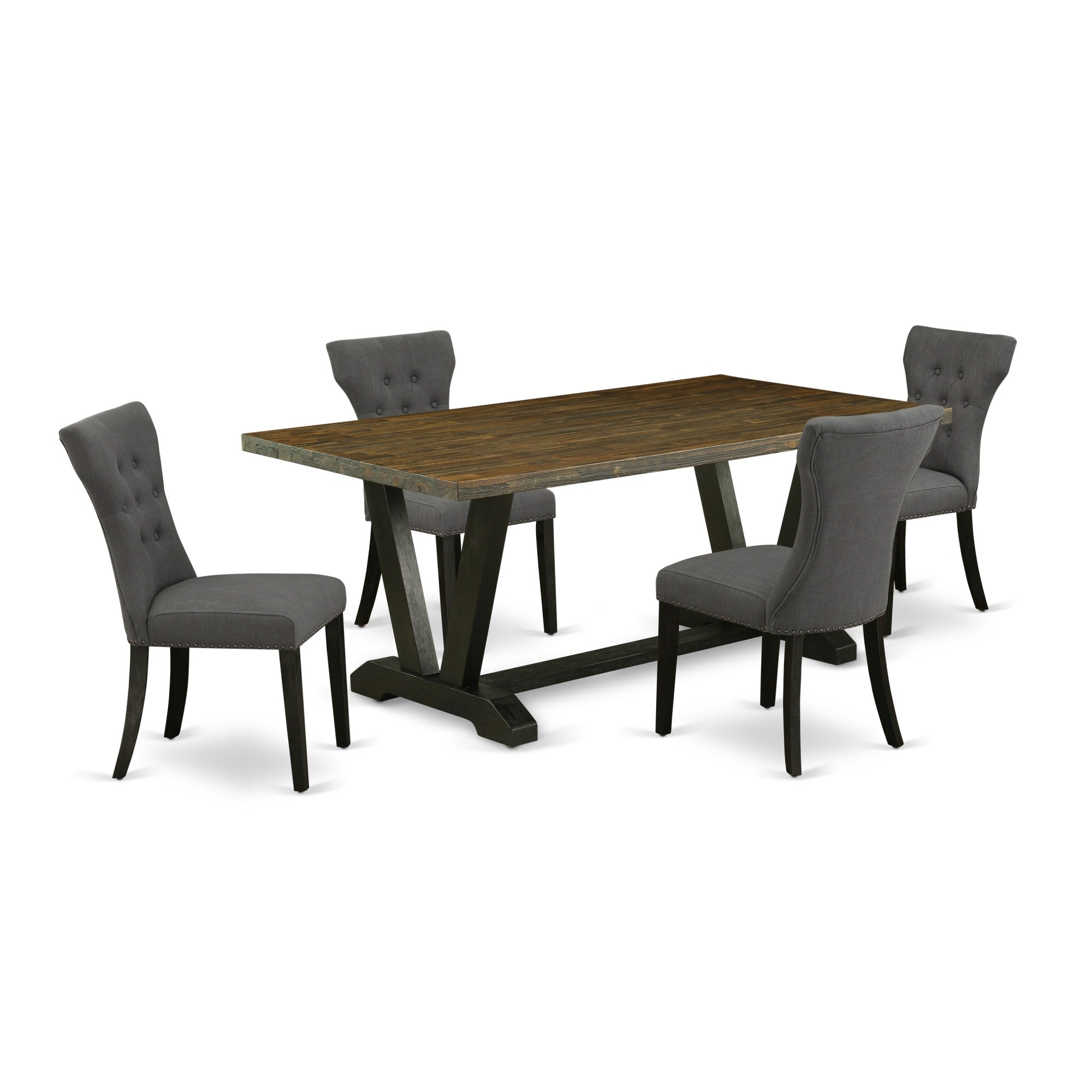 East West Furniture 5-Pc Modern Dinette Set Included 4 Parson Dining Chairs Upholstered Seat And High Button Tufted Chair Back And Rectangular Dining Table With Distressed Jacobean Rectangular Dining Table Top - Black Finish