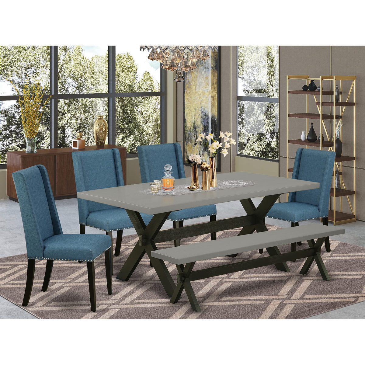 Casafoyer X697Fl121-6 6 Piece Dining Room Set Contains A Rectangle Dining Table With X-Legs And 4 Blue Linen Fabric Upholstered Chairs With A Bench, 40X72 Inch, Multi-Color