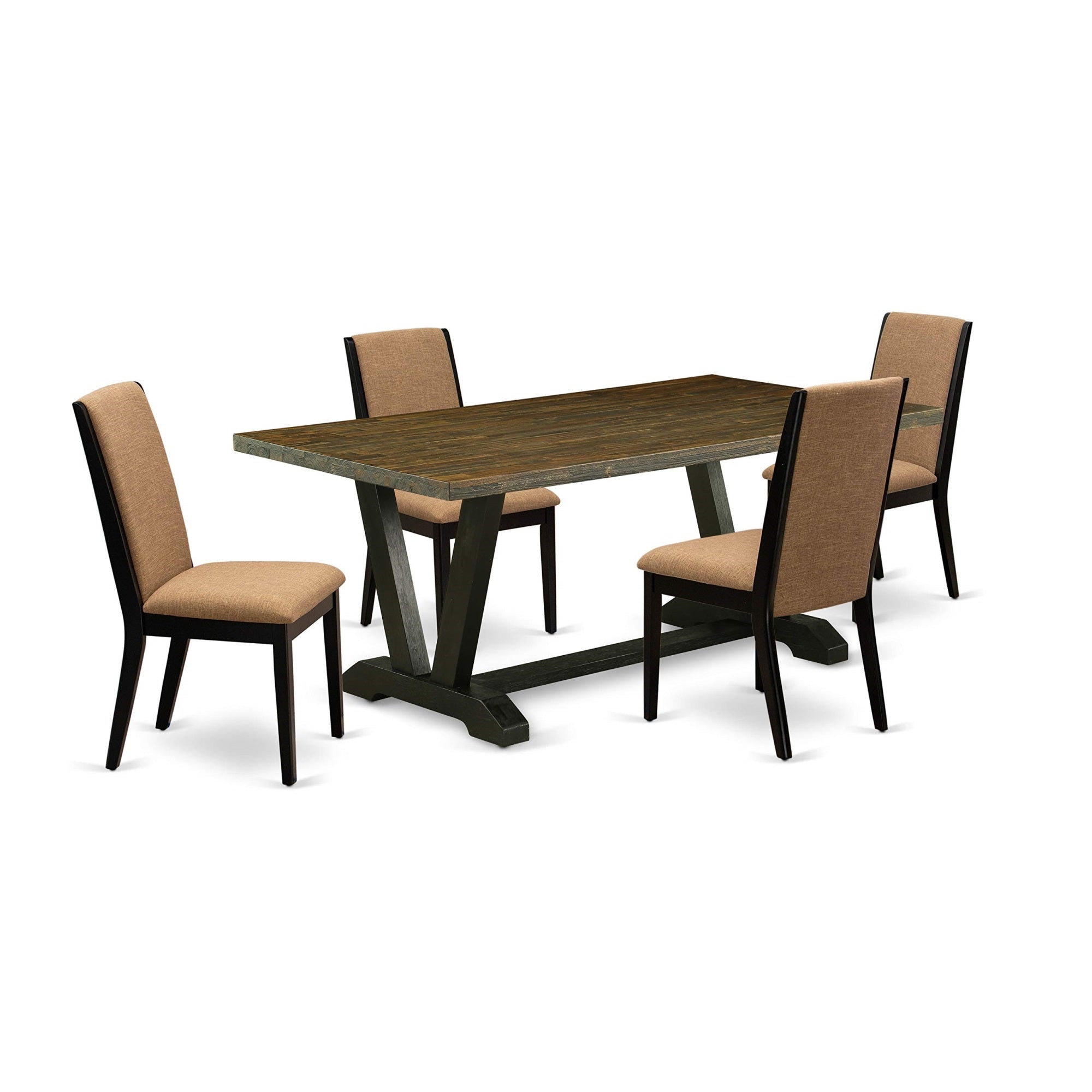Ergode V677La147-5, 5-Piece Kitchen Set, Rectangle Dining Table, 4 Light Sable Linen Chairs, Asian Wood, 40X72 Inch