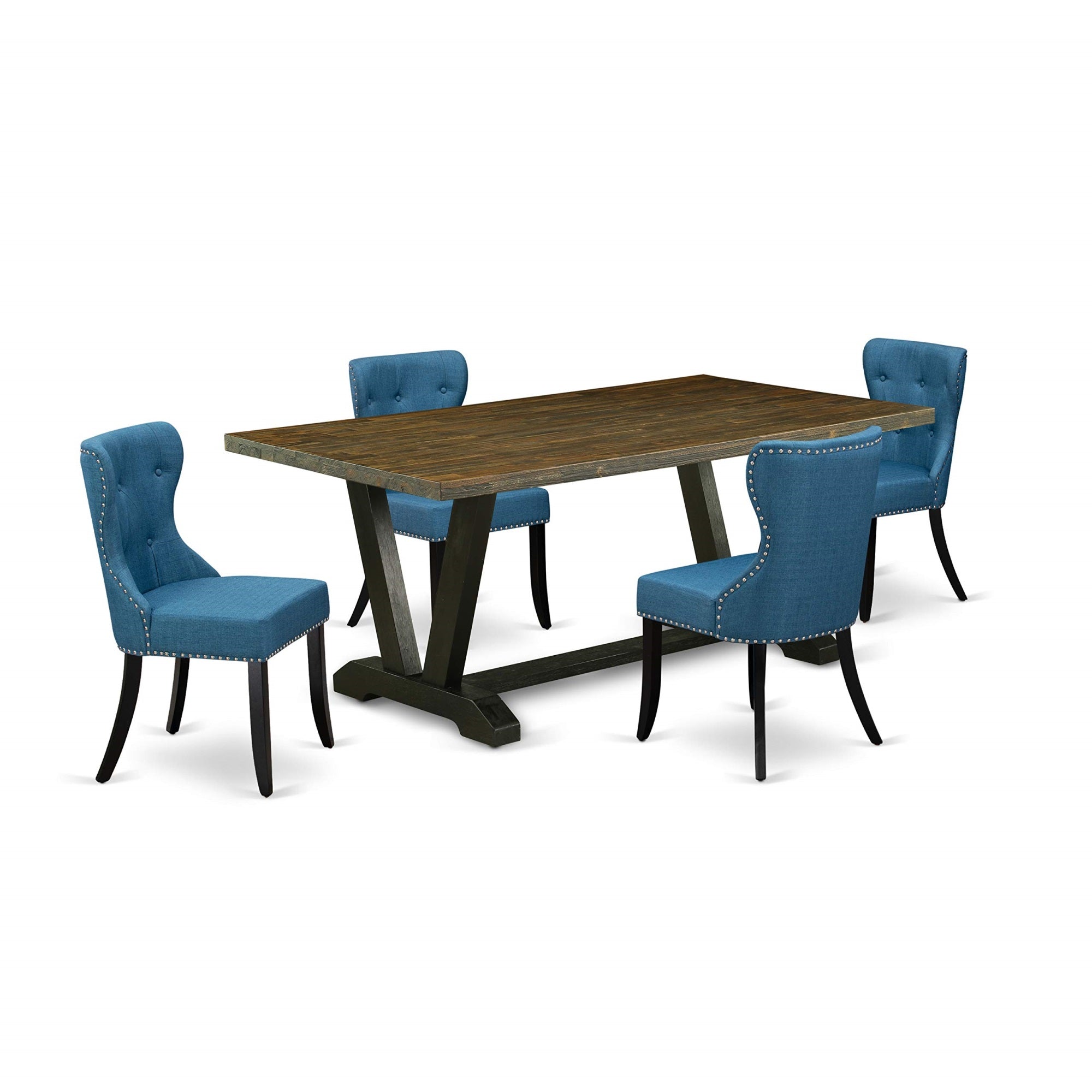 Ergode V677Si121-5, 5-Piece Dining Room Table Set, Rectangular Table With V-Legs, 4 Blue Linen Fabric Parson Chairs, Solid Wood, Easy To Clean, Mid-Century Design, 40X72 Inch