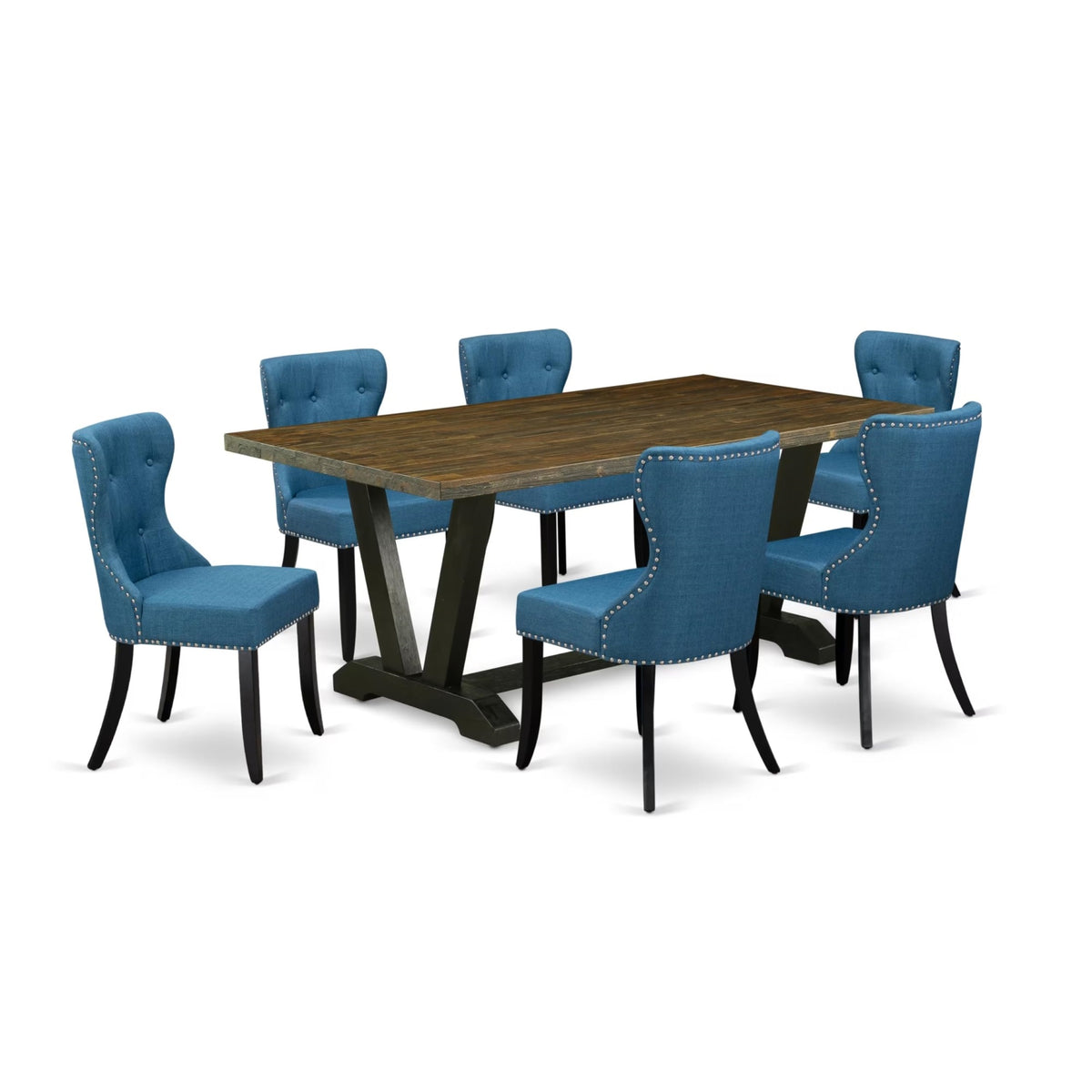 Casafoyer V-Style 7 Piece Set Consist Of A Rectangle Dining Room Table With V-Legs And 6 Blue Linen Fabric Upholstered Parson Chairs, 40X72 Inch, Multi-Color