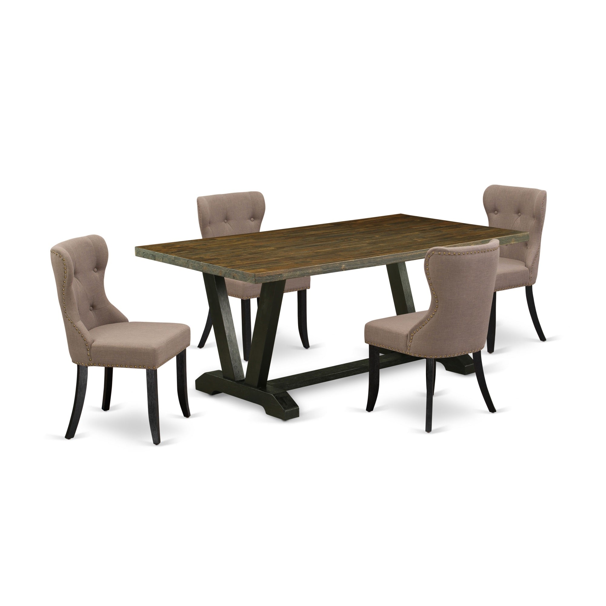 East West Furniture V677Si648-5 5-Pc Dining Room Table Set- 4 Upholstered Dining Chairs With Coffee Linen Fabric Seat And Button Tufted Chair Back - Rectangular Table Top & Wooden Legs - Distressed Jacobean And Wire Brushed Black Finish