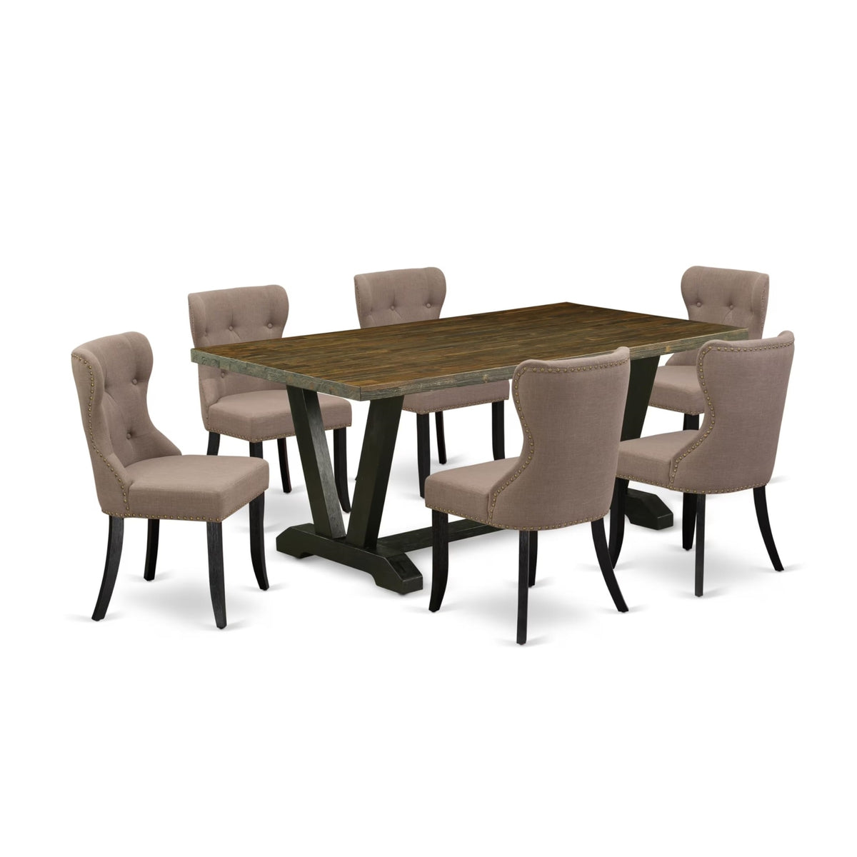 Casafoyer V-Style 7 Piece Room Set Consist Of A Rectangle Kitchen Table With V-Legs And 6 Coffee Linen Fabric Parsons Dining Chairs, 40X72 Inch, Multi-Color