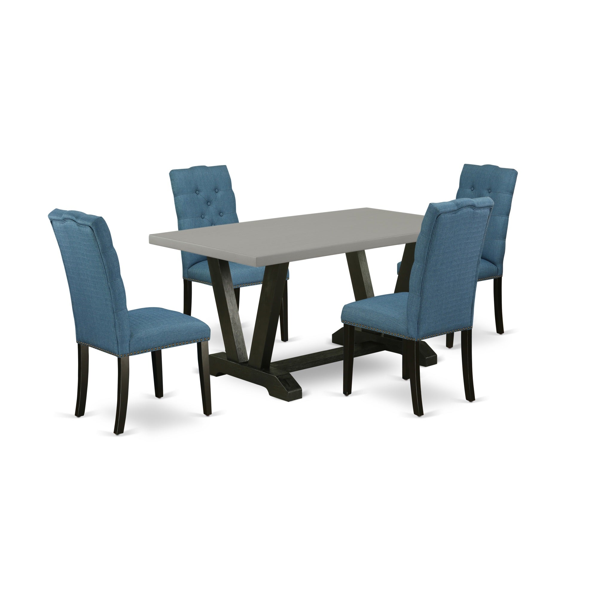East West Furniture 5-Piece Modern An Excellent Cement Color Dining Table Top And 4 Awesome Linen Fabric Parson Chairs With Nail Heads And Button Tufted Chair Back, Wire Brushed Black Finish
