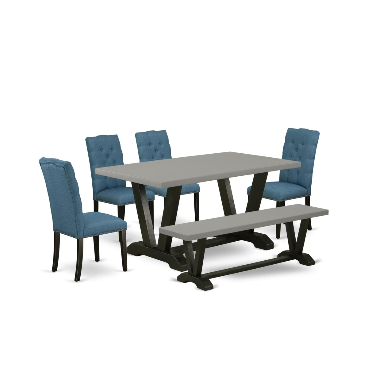 Casafoyer V-Style 6 Piece Room Set Contains A Rectangle Dining Table With V-Legs And 4 Blue Linen Fabric Parson Chairs With A Bench, 36X60 Inch, Multi-Color