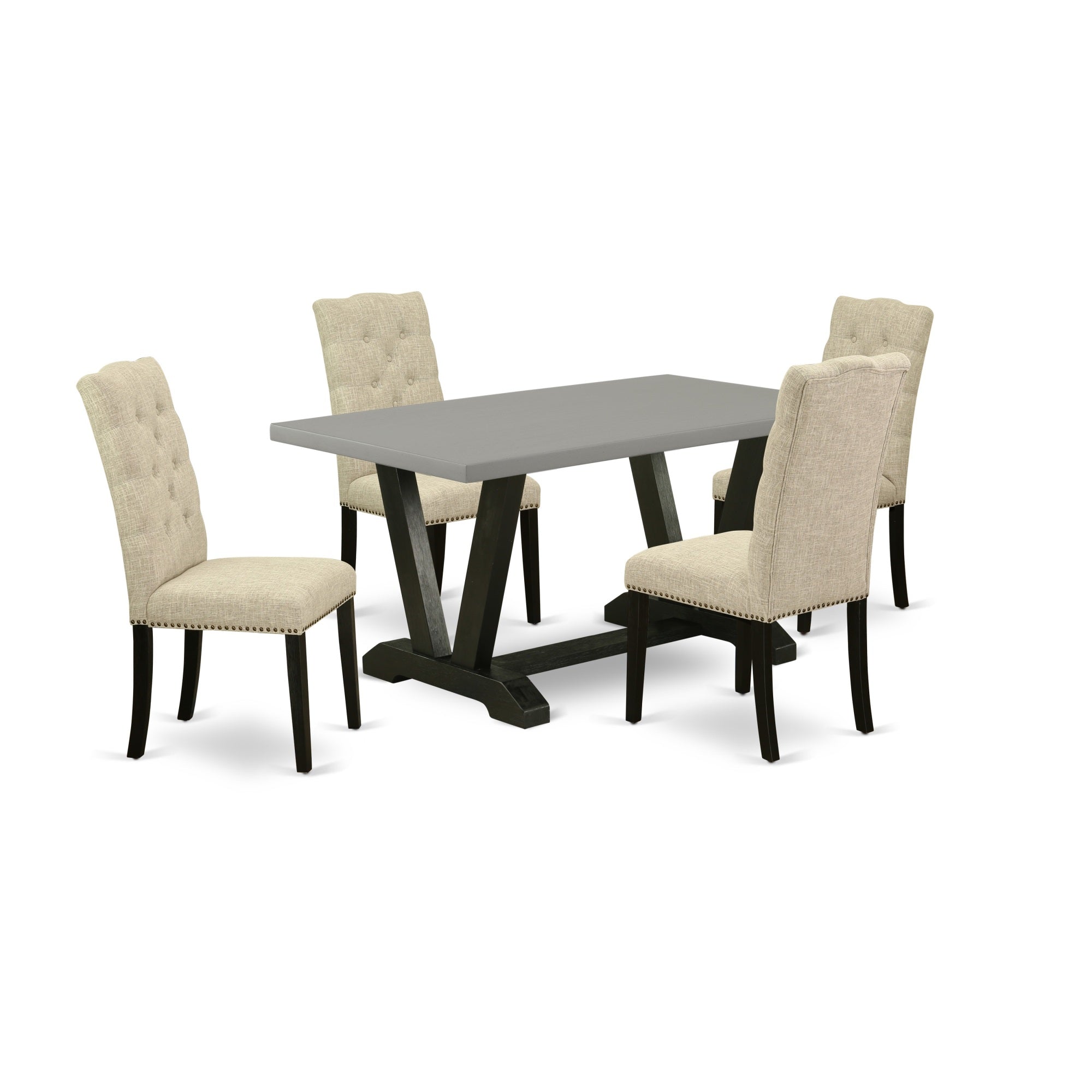 East West Furniture 5-Piece Kitchen Dining Table Set Included 4 Modern Dining Chairs Upholstered Seat And High Button Tufted Chair Back And Rectangular Dining Room Table With Cement Color Mid Century Dining Table Top - Black Finish