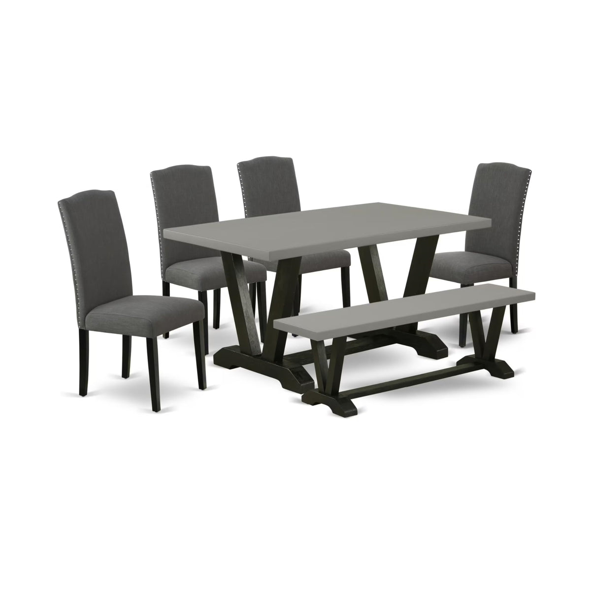 Casafoyer V-Style 6 Piece Dinette Set Contains A Rectangle Dining Room Table With V-Legs And 4 Dark Gotham Linen Fabric Parson Chairs With A Bench, 36X60 Inch, Multi-Color