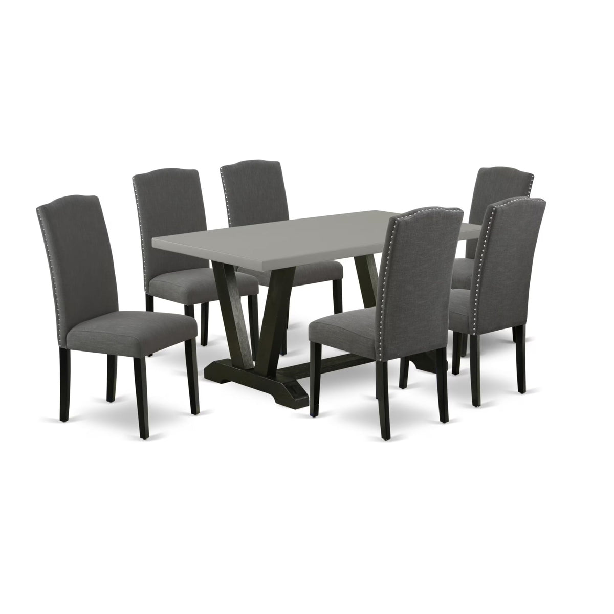 Casafoyer V-Style 7 Piece Room Set Consist Of A Rectangle Kitchen Table With V-Legs And 6 Dark Gotham Linen Fabric Parson Dining Chairs, 36X60 Inch, Multi-Color