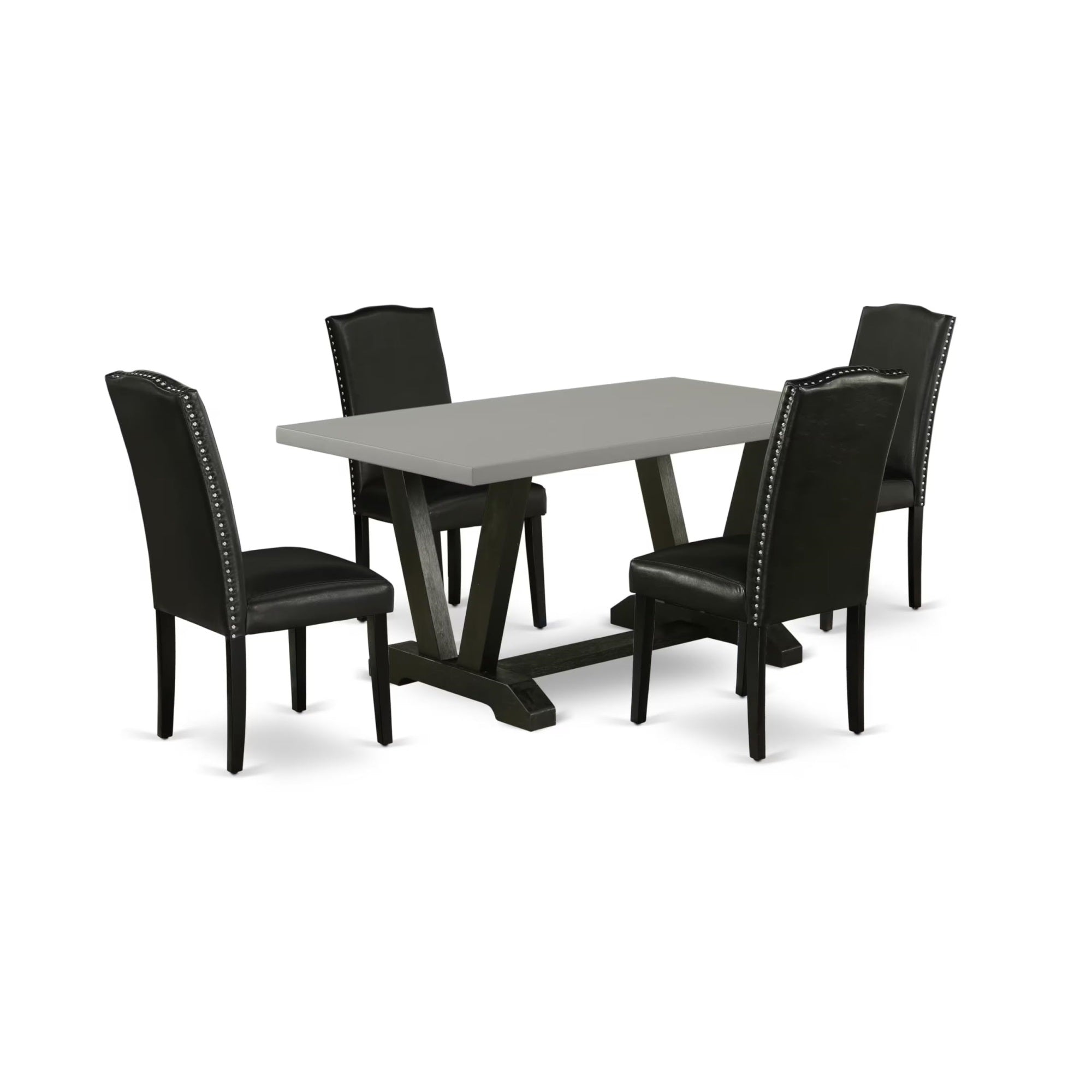 Casafoyer V696En169-5 5 Piece Dinette Set For 4 Includes A Rectangle Dining Table With V-Legs And 4 Black Faux Leather Parson Dining Room Chairs, 36X60 Inch, Multi-Color