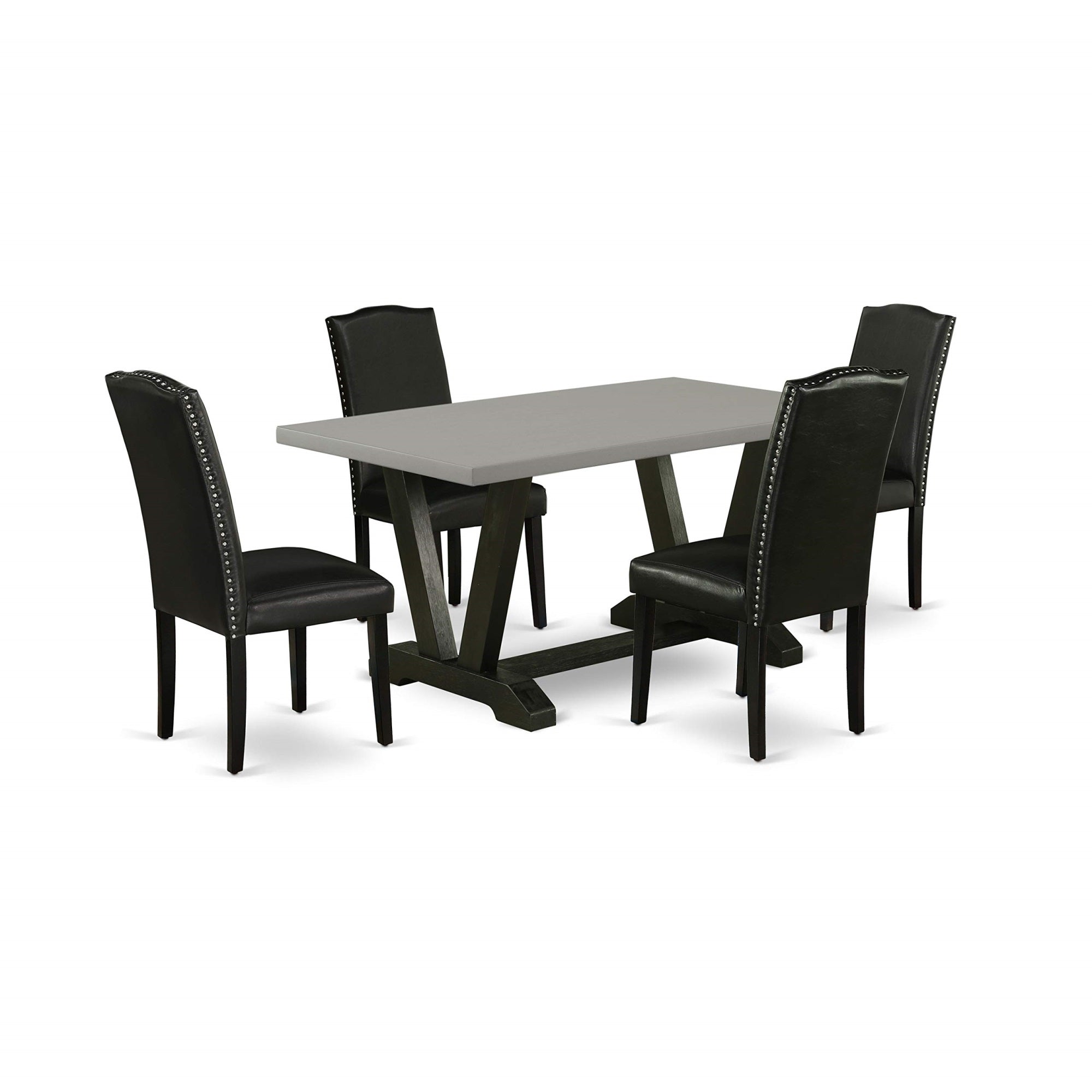 Ergode V696En169-5, 5-Pc Dinette Room Set, Rectangle Table With V-Legs, 4 Black Faux Leather Parson Chairs, Chic & Contemporary, Easy Assembly, Sturdy & Comfortable, Hardware Included, 36X60 Inch