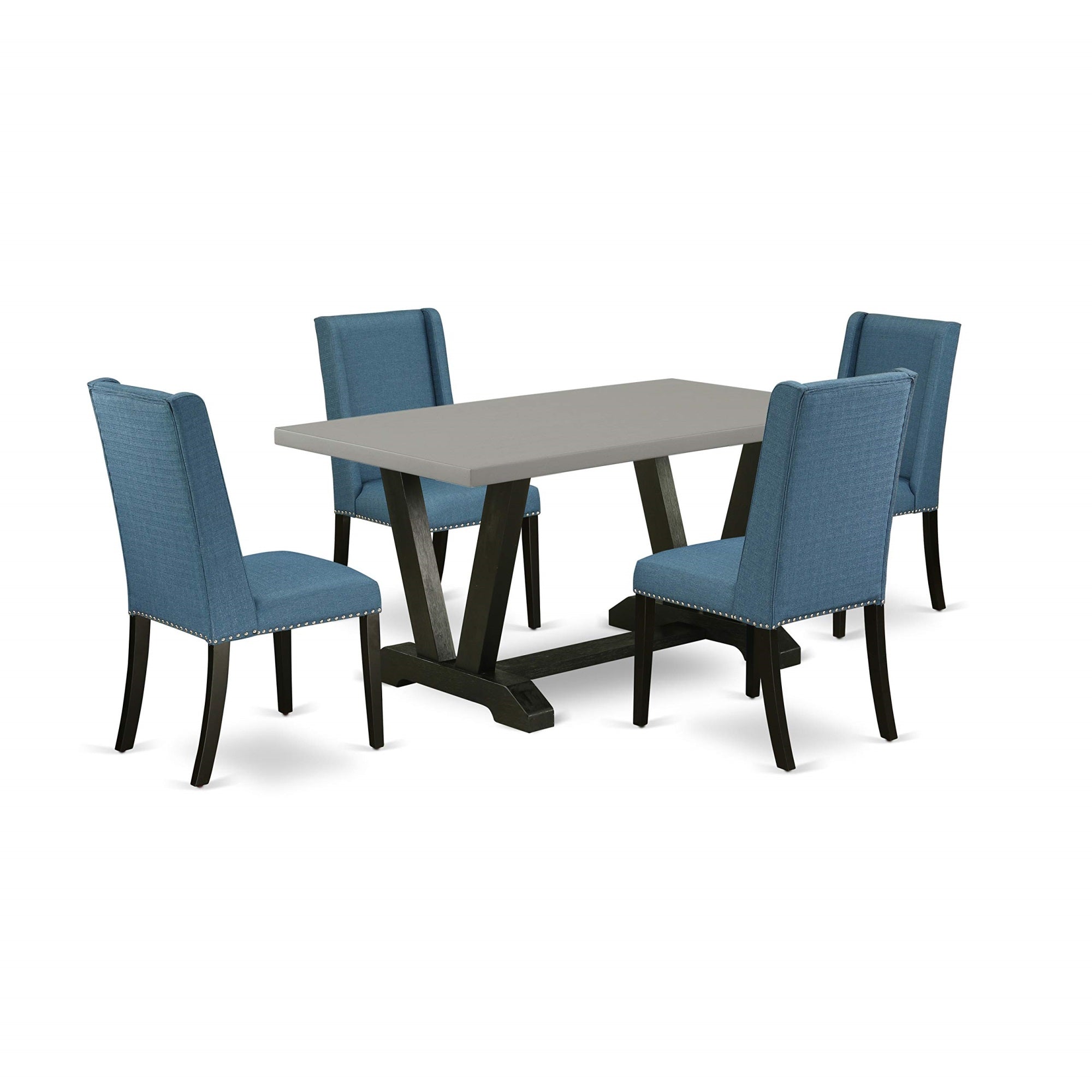 Ergode V696Fl121-5, 5-Piece Rectangular Dining Room Table Set, Black Finish, 4 Blue Linen Chairs, High-Quality Asian Wood, Easy Assembly, 60X36 Inch Table, 25X19.25X40.5 Inch Chairs