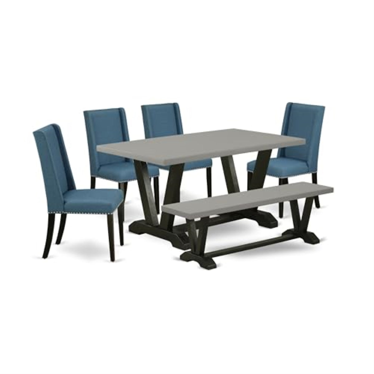 Casafoyer V-Style 6 Piece Set Contains A Rectangle Dining Room Table With V-Legs And 4 Blue Linen Fabric Parson Chairs With A Bench, 36X60 Inch, V696Fl121-6