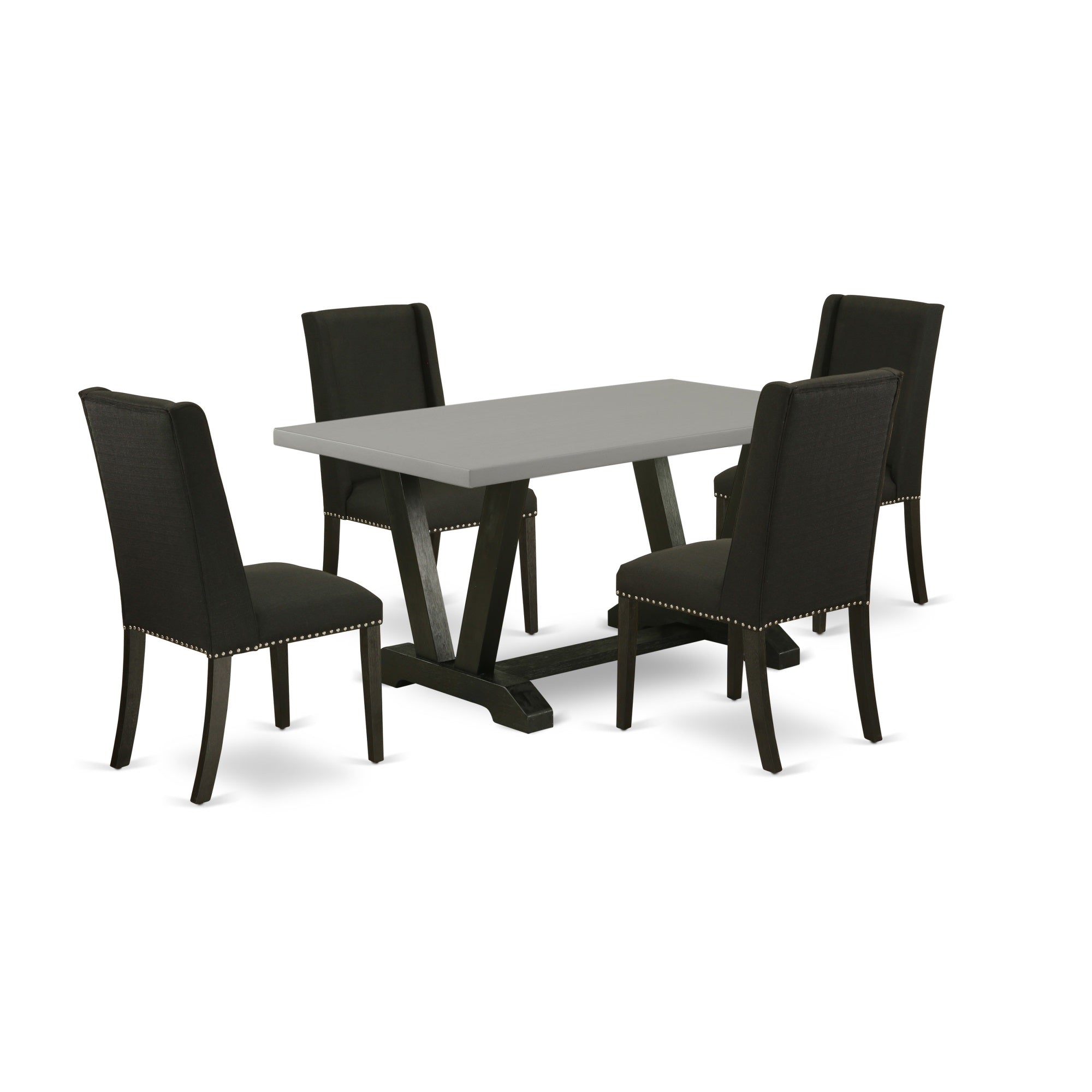 East West Furniture 5-Pc Dining Room Table Set Included 4 Kitchen Dining Chairs Upholstered Nails Head Seat And Stylish Chair Back And Rectangular Dinette Table With Cement Color Mid Century Dining Table Top - Black Finish