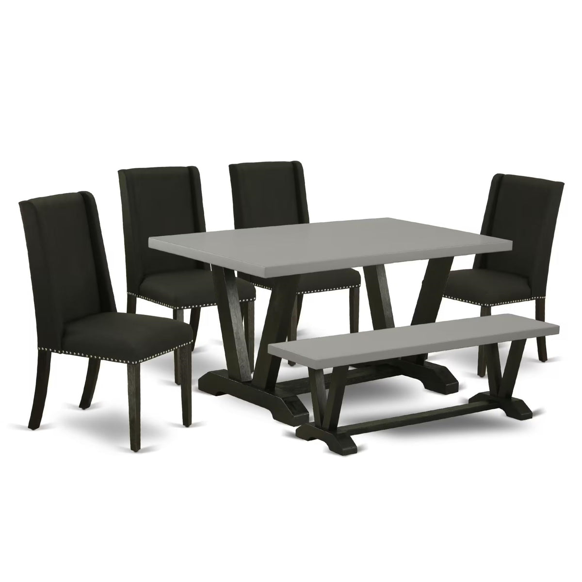 Casafoyer V-Style 6 Piece Modern Dining Set Contains A Rectangle Wooden Table With V-Legs And 4 Black Linen Fabric Parson Chairs With A Bench, 36X60 Inch, V696Fl624-6