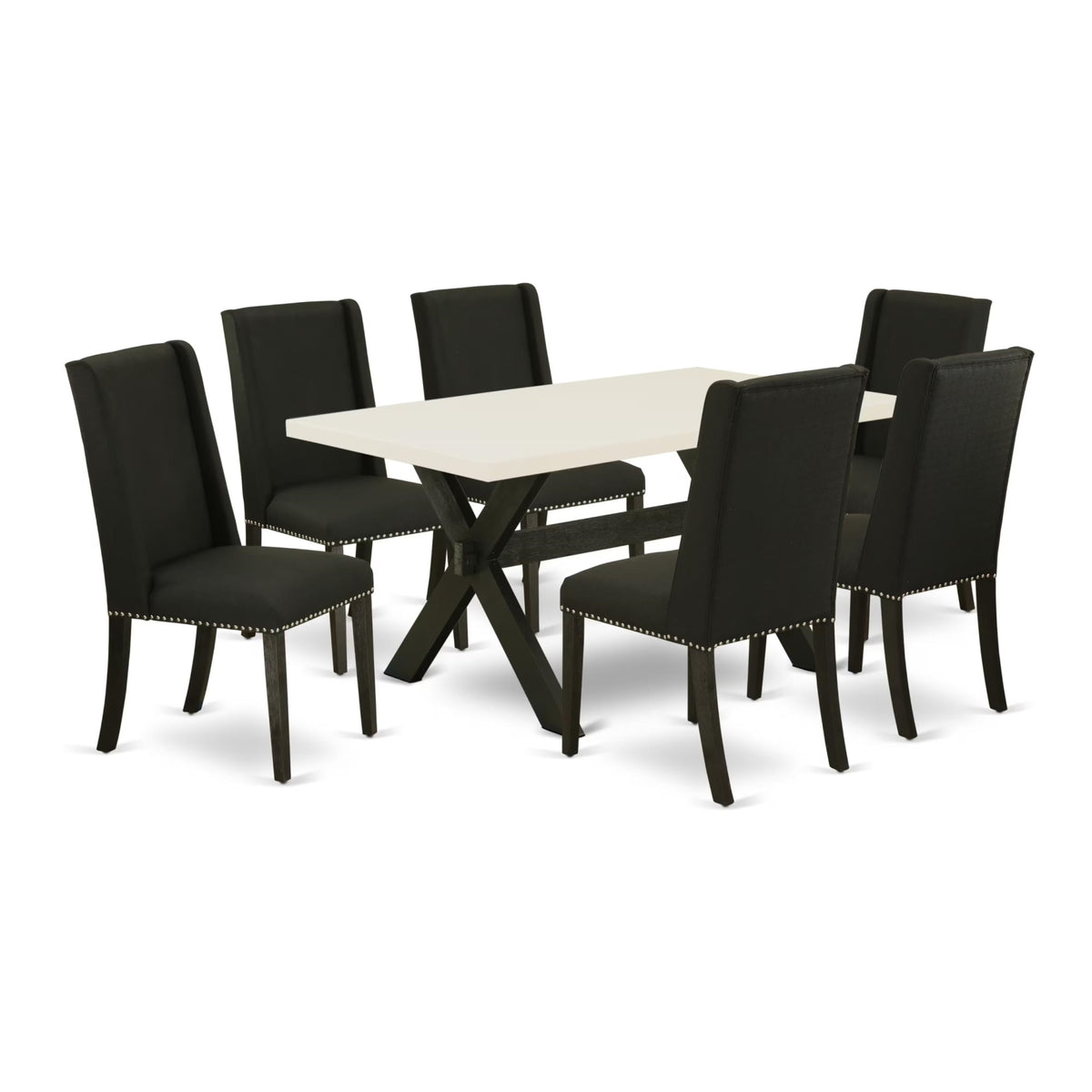 Casafoyer X626Fl624-7 7 Piece Dining Set Consist Of A Rectangle Dining Room Table With X-Legs And 6 Black Linen Fabric Upholstered Parson Chairs, 36X60 Inch, Multi-Color